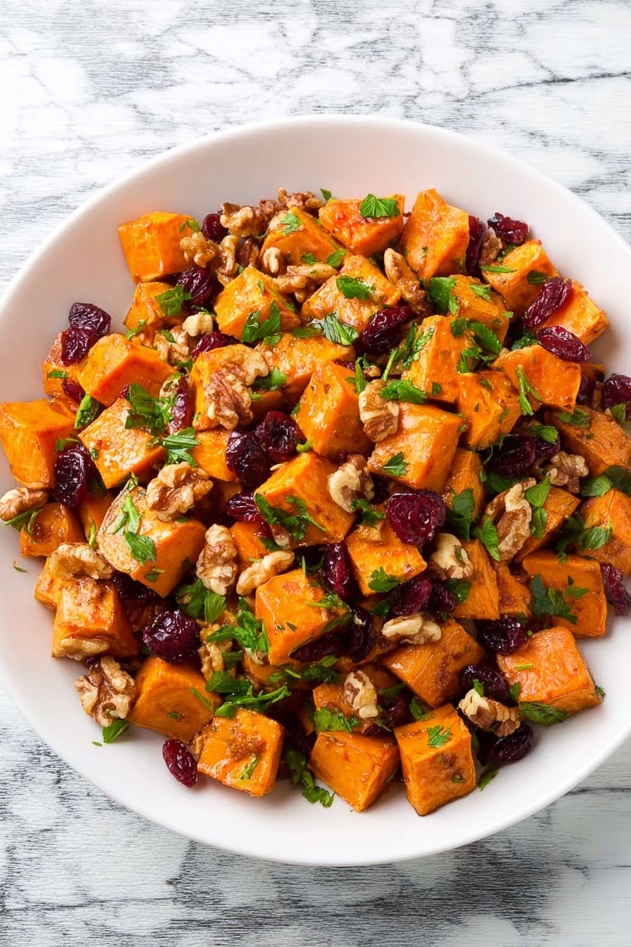 A white bowl filled with small, bright orange cubes of roasted sweet potato that have a slightly crispy outside and soft inside, mixed with dark red dried cranberries, light brown walnut pieces, and bits of green parsley scattered evenly on top, all sitting on a white marbled surface. photo taken with an iphone --ar 2:3 --v 7 - Sweet Potato Salad with Walnuts, Cherries, and Lime Zest, healthy sweet potato salad, vibrant fruit and nut salad, easy summer salads, flavorful vegetable salads