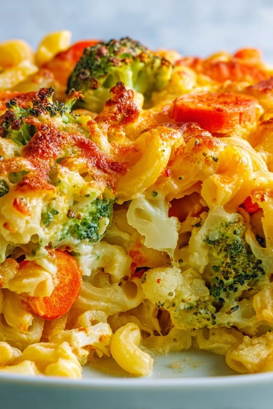 A white rectangular ceramic dish filled with baked macaroni and cheese mixed with pieces of bright green broccoli and sliced orange carrots. The top layer is golden brown with melted cheese that has a slightly crispy texture around the edges. The pasta beneath appears creamy and soft with some visible spiral macaroni shapes. The dish is placed on a white marbled surface with light grey veins. photo taken with an iphone --ar 2:3 --v 7 - Veggie Mac and Cheese, healthy veggie mac and cheese, cheesy vegetable pasta, family favorite mac and cheese, easy baked veggie pasta