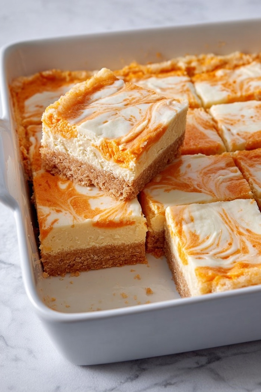 The image shows several square pieces of pumpkin cheesecake bars arranged in a white baking dish on a white marbled surface. Each piece is made of two visible layers: a dense orange pumpkin base with a smooth, creamy white cheesecake layer swirled with orange on top. One piece is slightly lifted and held gently by a woman's hand, revealing the soft texture of both layers. The cheesecake top layer has a marbled pattern, and the edges of the bars show a slightly golden-baked crust. Photo taken with an iphone --ar 2:3 --v 7 - Sweet Potato Cheesecake Brownies, sweet potato dessert, cheesecake brownies, fudgy sweet potato brownies, easy sweet potato recipes