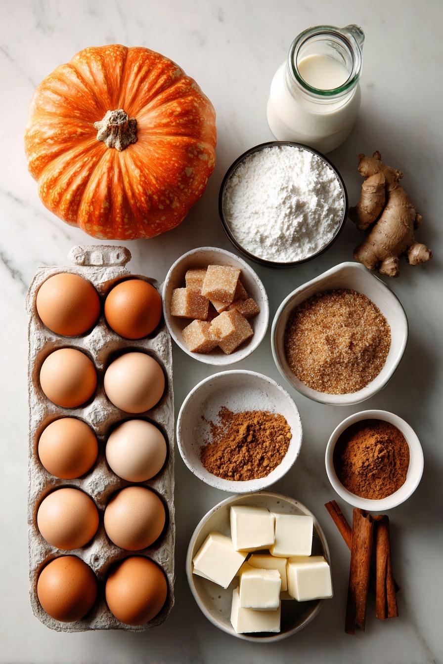 Flat lay of bright orange solid-pack pumpkin, shiny whole eggs, golden brown sugar crystals, warm brown ground cinnamon, earthy ground ginger, deep brown ground cloves, smooth cold butter cubes, and creamy evaporated milk cans artfully arranged in a balanced composition, placed on a white marble surface, photo taken with an iphone --ar 2:3 --v 7 - Pumpkin Shortbread Bars, Pumpkin Bars with Shortbread Crust, Fall Pumpkin Dessert, Pumpkin Pie Bars, Easy Pumpkin Dessert Recipes