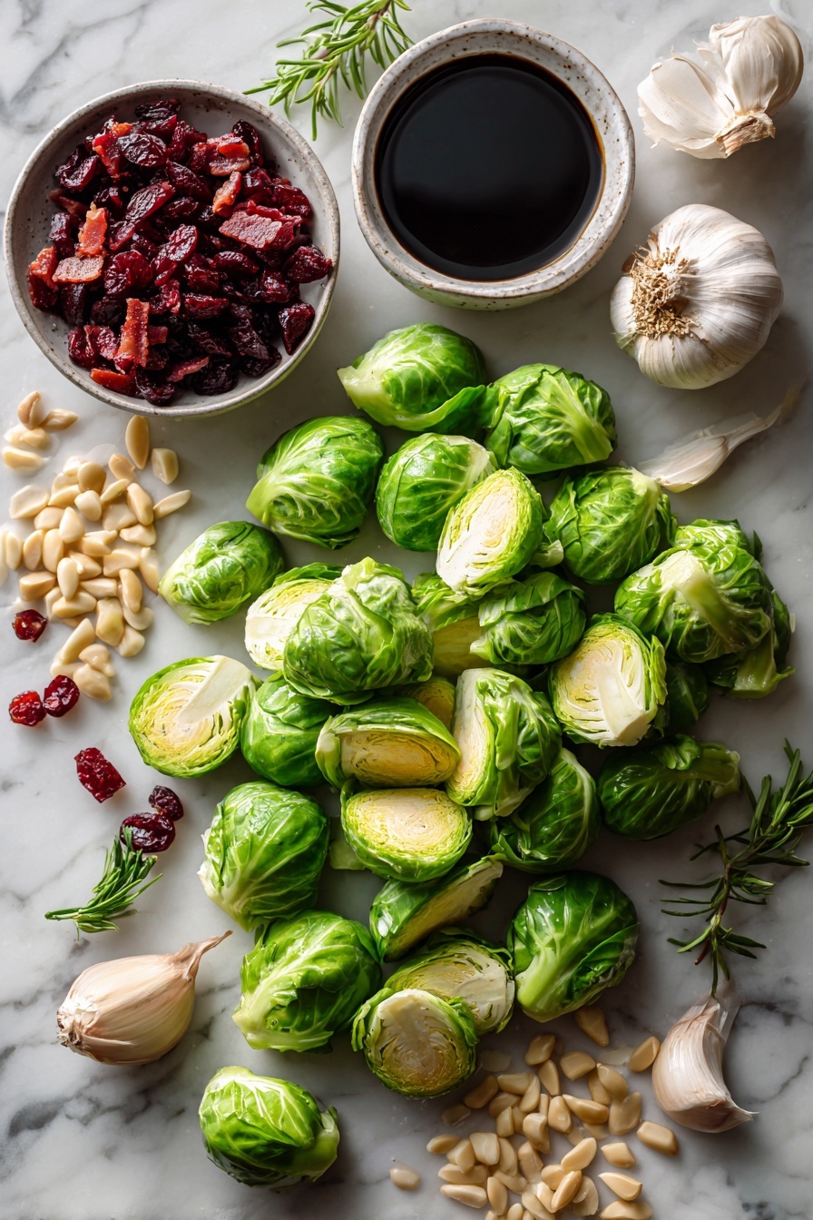 Flat lay of fresh halved Brussels sprouts with bright green leaves, crisp chopped pancetta pieces, plump dried cranberries in a rich red color, golden toasted pine nuts, peeled garlic cloves, and a small pool of dark balsamic vinegar, all beautifully arranged on a white marble surface, photo taken with an iphone --ar 2:3 --v 7 - Roasted Balsamic Brussels Sprouts with Pancetta, Brussels Sprouts with Pancetta and Balsamic, Balsamic Brussels Sprouts Recipe, Easy Roasted Brussels Sprouts with Pancetta, Fall Brussels Sprouts Side Dish
