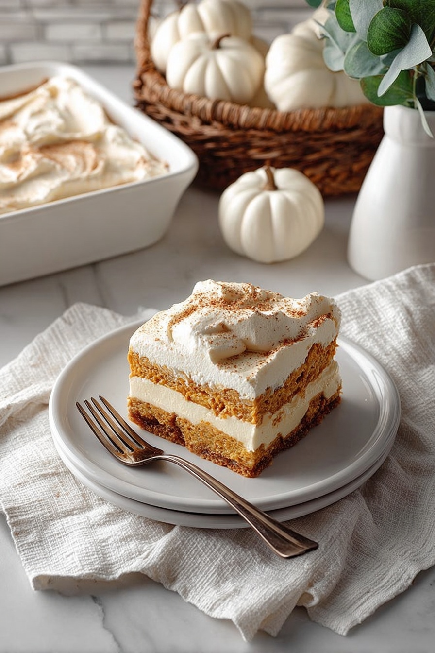 A rectangular white baking dish holds a layered dessert placed on a white and red striped cloth over a white marbled surface. The bottom layer is a golden brown cake or cookie base with a slightly rough texture. The top layer is thick, fluffy white whipped cream spread evenly with gentle swirls creating soft peaks. A light dusting of brown cinnamon powder is scattered on top. Nearby are cinnamon sticks, a silver grater, and small white decorative pumpkins, with a basket of green leaves and white flowers in a white vase in the background. Photo taken with an iphone --ar 2:3 --v 7 - Pumpkin Tiramisu, fall dessert recipes, pumpkin-based desserts, easy pumpkin tiramisu, holiday pumpkin dessert