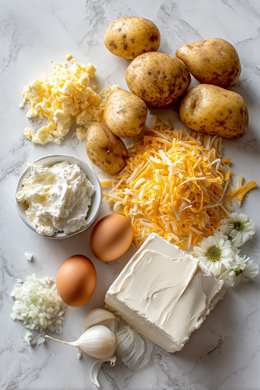 Flat lay of peeled and quartered large potatoes, a block of softened cream cheese, a pile of bright shredded cheddar cheese, a dollop of creamy sour cream, finely chopped white onion, a whole large egg, all neatly arranged in small mounds and clusters, showcasing their natural textures and colors, placed on a white marble surface, photo taken with an iphone --ar 2:3 --v 7 - Cheesy Mashed Potatoes, creamy cheesy mashed potatoes, loaded mashed potatoes, cheesy side dish recipe, comfort food mashed potatoes