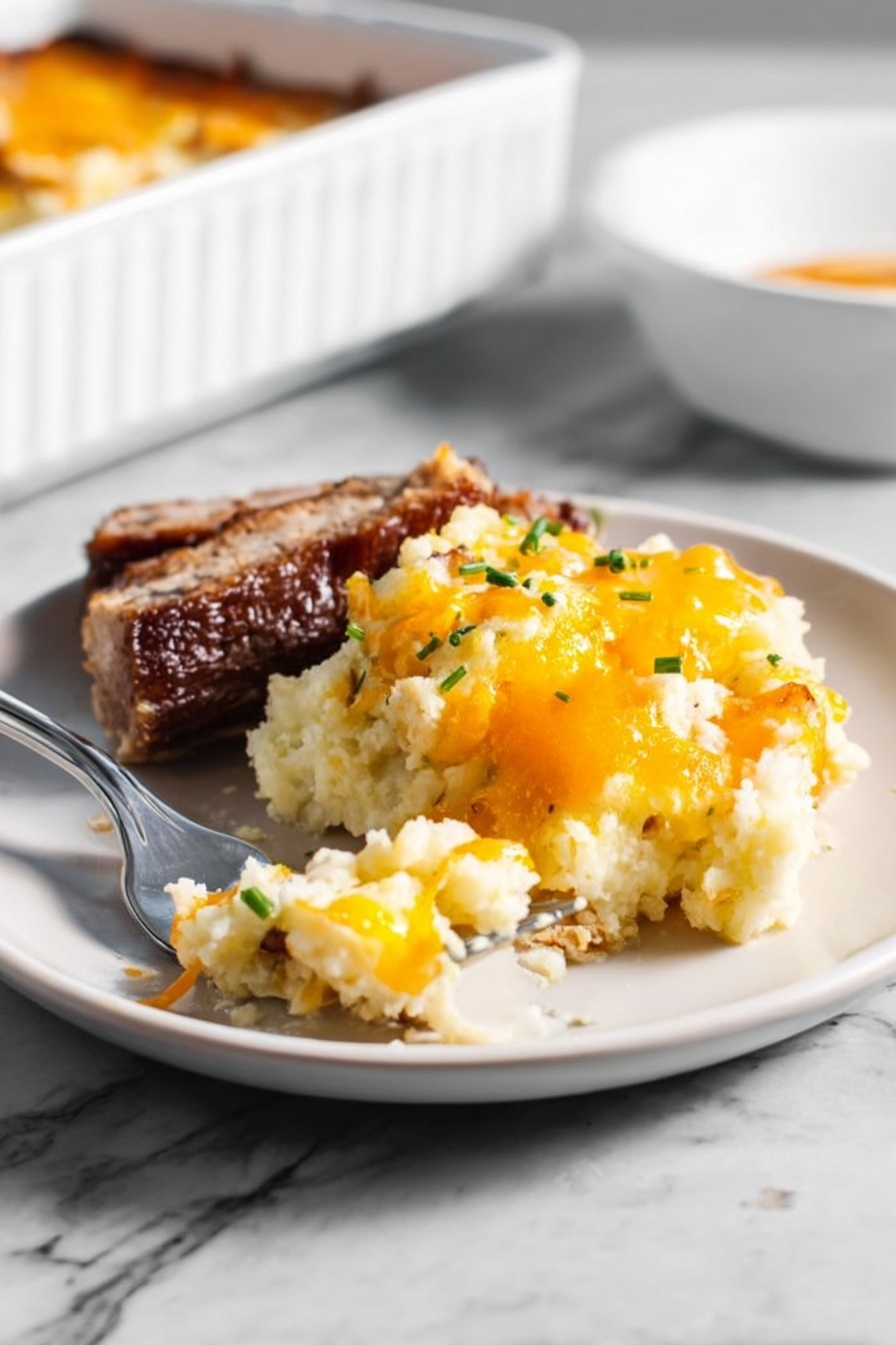 The image shows a white rectangular baking dish with mashed potatoes inside. The dish has three clear layers: the bottom layer is soft mashed potatoes with a light, creamy texture; the middle layer appears to be mixed within the mashed potatoes, adding small lumps and a thicker texture; the top layer is a melted, bright orange cheese, spread unevenly with little green herbs sprinkled on top. A silver spoon is scooping out some of the mashed potatoes from the middle right side of the dish, revealing a softer mashed potato layer underneath the cheese. The background is a white marbled surface. photo taken with an iphone --ar 2:3 --v 7 - Cheesy Mashed Potatoes, creamy cheesy mashed potatoes, loaded mashed potatoes, cheesy side dish recipe, comfort food mashed potatoes