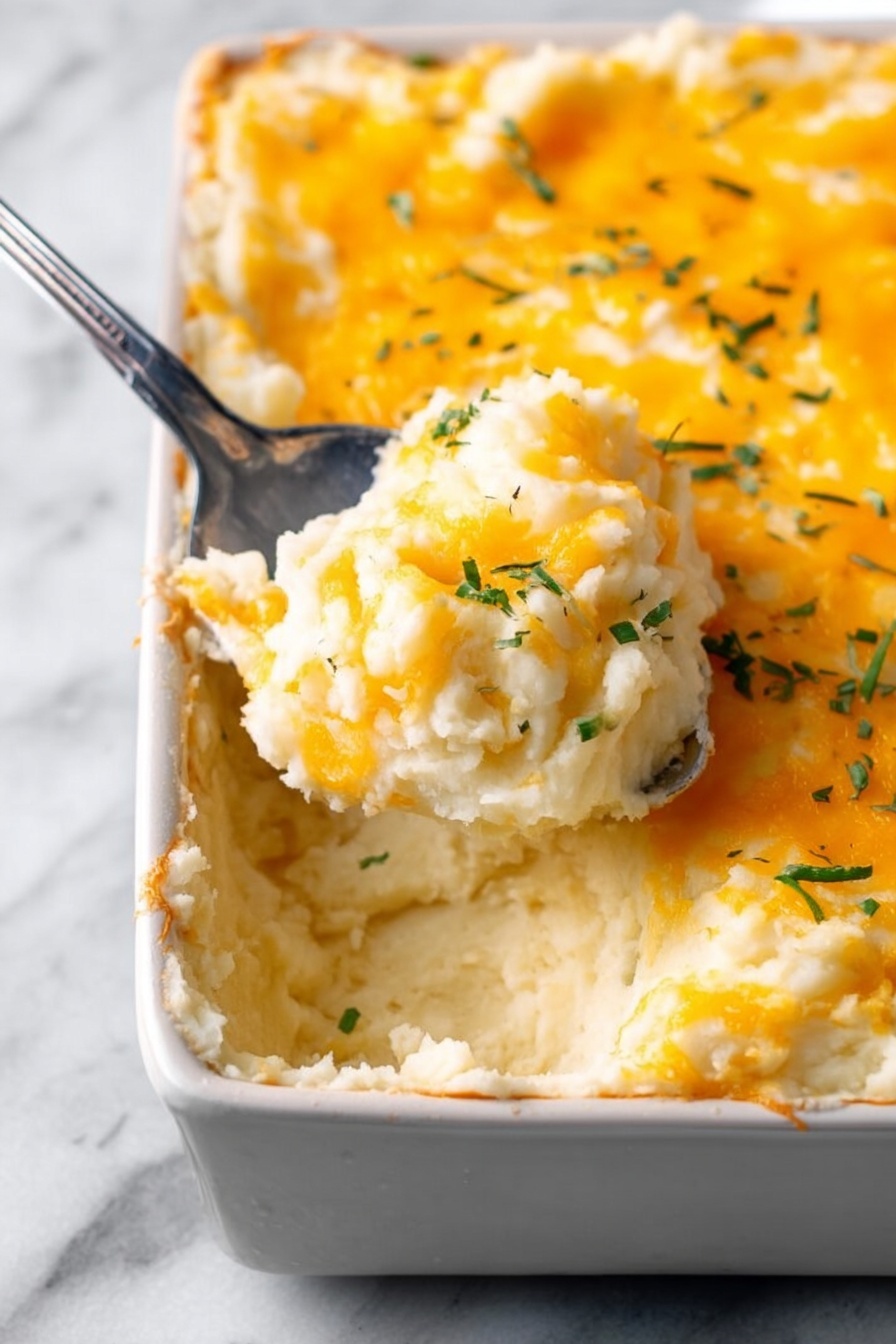 A white square baking dish filled with mashed potatoes topped with melted orange cheddar cheese and small green chive pieces scattered on top. One large scoop has been taken out from the middle right, showing the creamy, soft texture of the mashed potatoes underneath. A silver spoon is resting inside the dish, partially covered by the mashed potatoes. The dish is placed on a light gray surface with a small round bowl of salt nearby. Photo taken with an iphone --ar 2:3 --v 7 - Cheesy Mashed Potatoes, creamy cheesy mashed potatoes, loaded mashed potatoes, cheesy side dish recipe, comfort food mashed potatoes