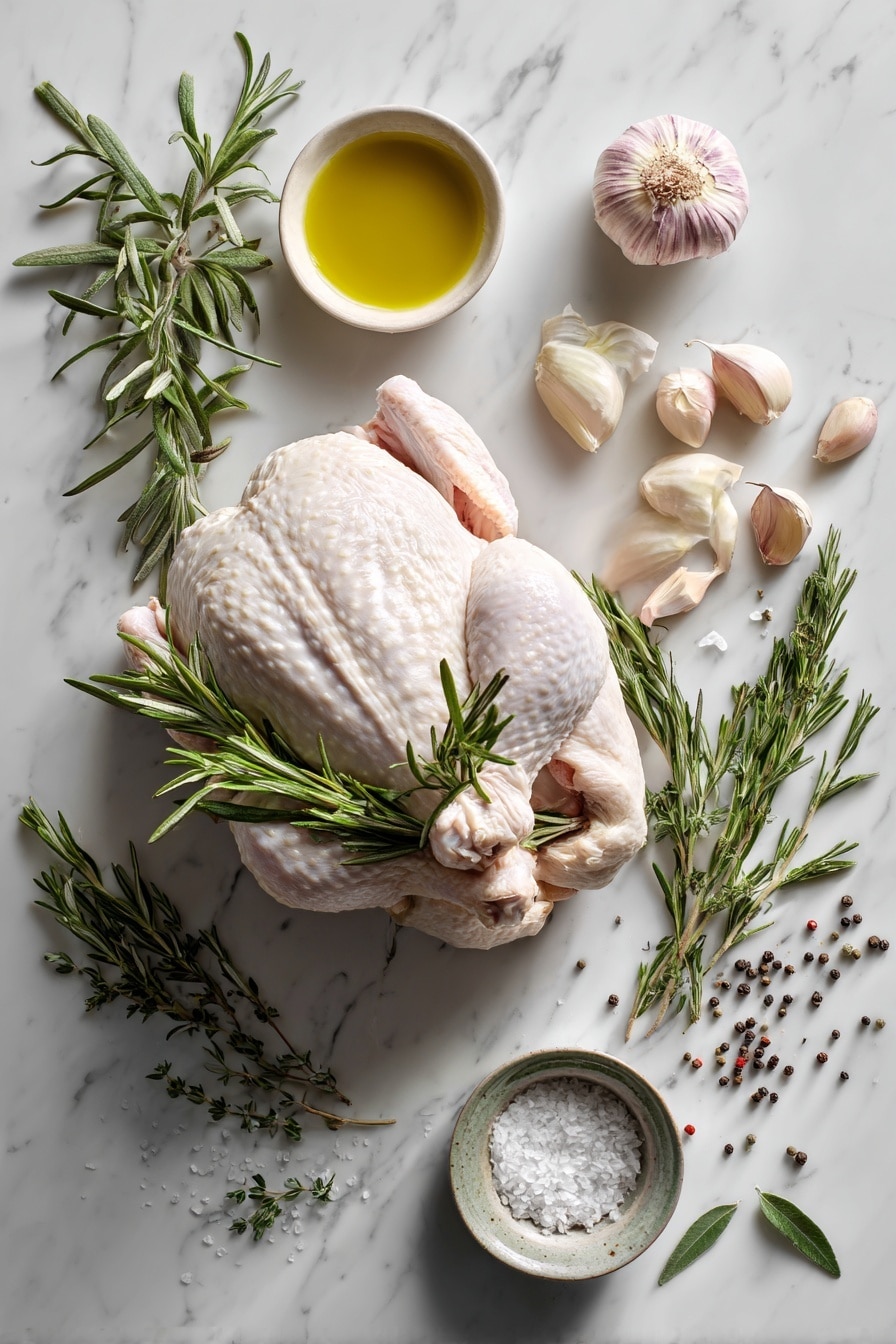 Flat lay of a whole raw chicken, fresh sprigs of rosemary and thyme, several peeled garlic cloves, a small pile of minced garlic, a small bowl of golden olive oil, and coarse salt crystals and ground black peppercorns artfully scattered, placed on a white marble surface, photo taken with an iphone --ar 2:3 --v 7 - Roasted Spatchcock Chicken with Herb Garlic, juicy crispy roasted chicken, herb garlic chicken recipe, easy spatchcock chicken, flavorful roast chicken