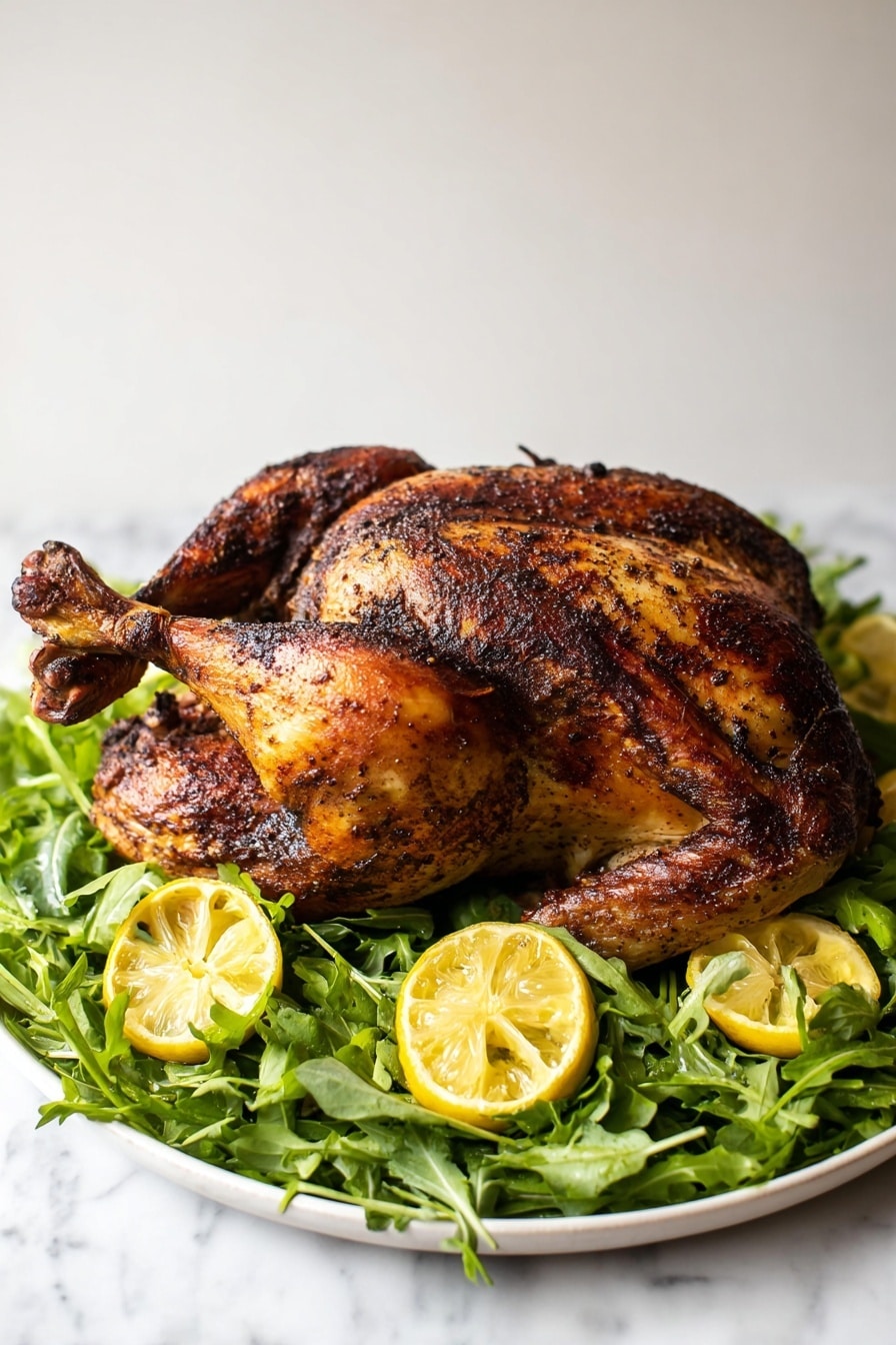 A whole roasted chicken with a dark brown, crispy skin sits in the center of a white plate. The chicken is placed on a bed of fresh green leafy herbs, which cover the entire plate under the chicken. Around the edges of the plate, there are thin slices of pale yellow lemon arranged evenly on top of the herbs. The background is a white marbled texture. Photo taken with an iphone --ar 2:3 --v 7 - Asian Five-Spice Roast Turkey, roast turkey with five-spice, flavorful holiday turkey, aromatic turkey marinade, Asian-inspired turkey recipe