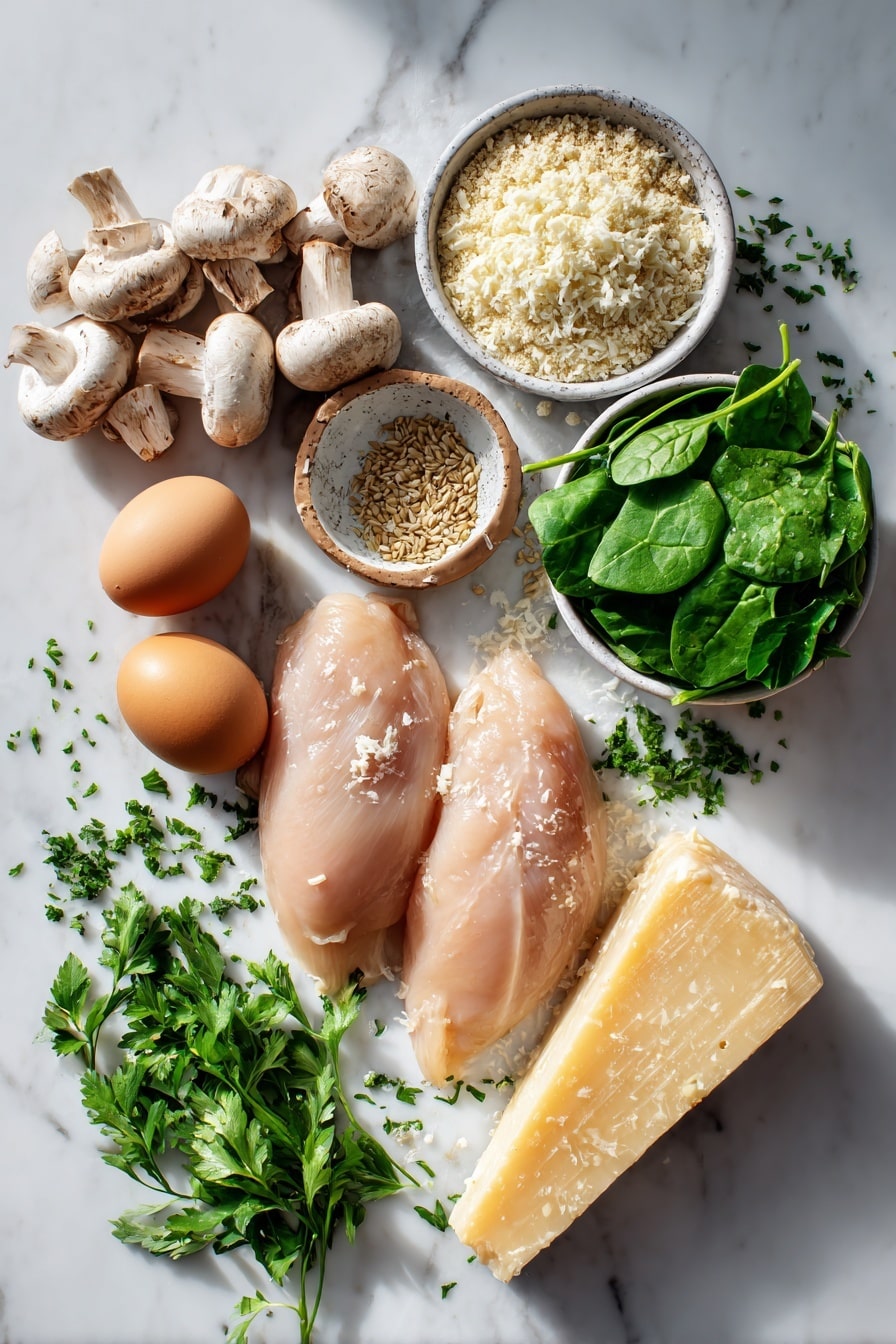 Flat lay of three raw boneless skinless chicken breasts, finely chopped brown mushrooms, chopped onions, fresh bright green baby spinach leaves, beaten eggs with a smooth yellow texture, coarse panko breadcrumbs, a small pile of freshly chopped parsley, and a wedge of Parmesan cheese with visible rind, placed on a white marble surface, photo taken with an iphone --ar 2:3 --v 7 - Creamy Chicken Roulade with Spinach Mushrooms Alfredo Sauce, Chicken Roulade with Spinach and Mushrooms, Elegant Chicken Dinner Recipe, Easy Chicken Roulade, Creamy Stuffed Chicken Breast
