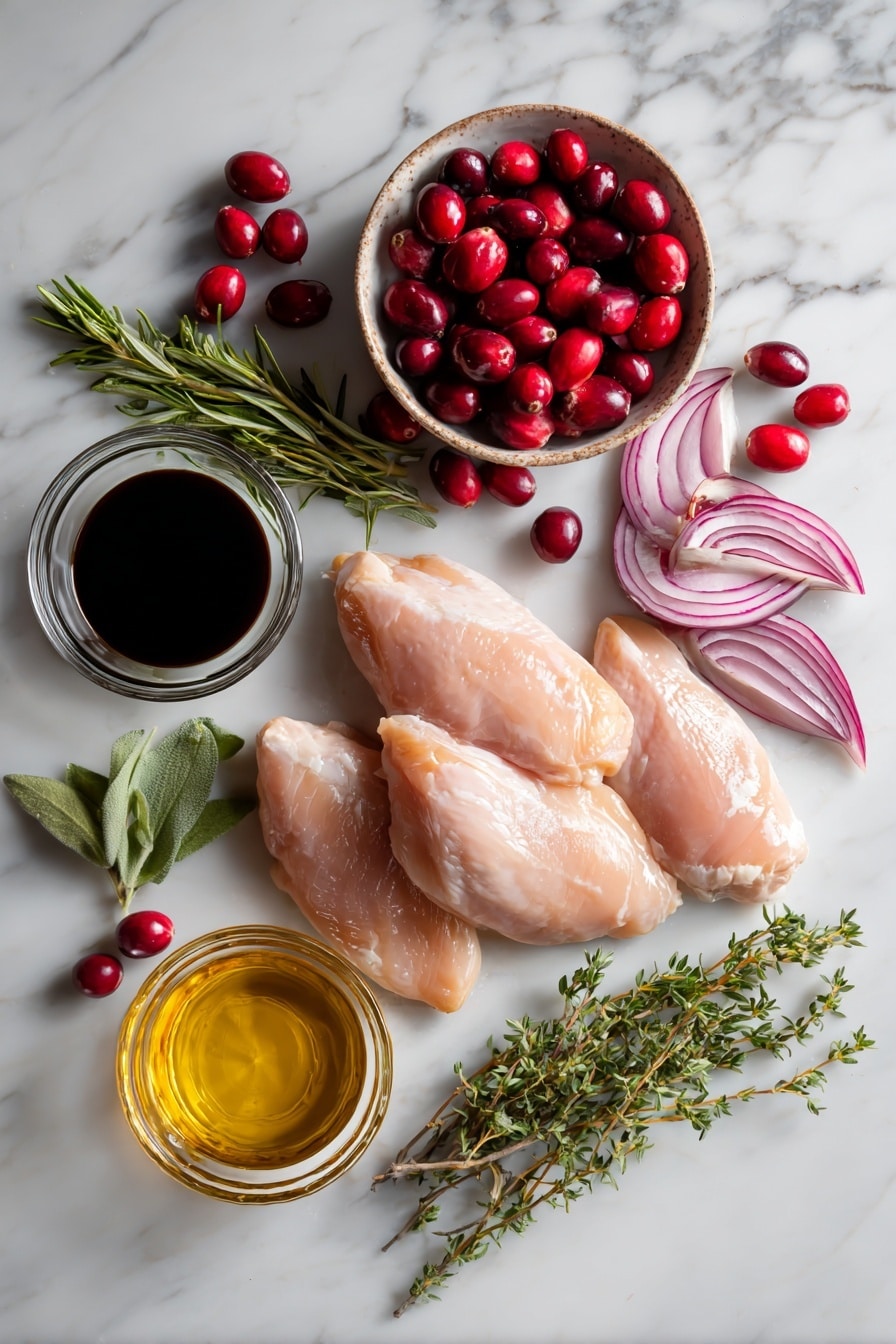 Flat lay of four raw boneless chicken thighs arranged next to a small pile of fresh cranberries, thin slices of vibrant red onion fanned out gracefully, several bright green sprigs of tarragon scattered artfully, a small glass bowl of dark balsamic vinegar catching the light, a drizzle of golden olive oil nearby, and a small dish of amber honey with a smooth texture, placed on a white marble surface, photo taken with an iphone --ar 2:3 --v 7 - Roasted Balsamic Chicken with Cranberries, balsamic chicken recipes, easy holiday chicken, flavorful chicken dinner, cranberry chicken skillet