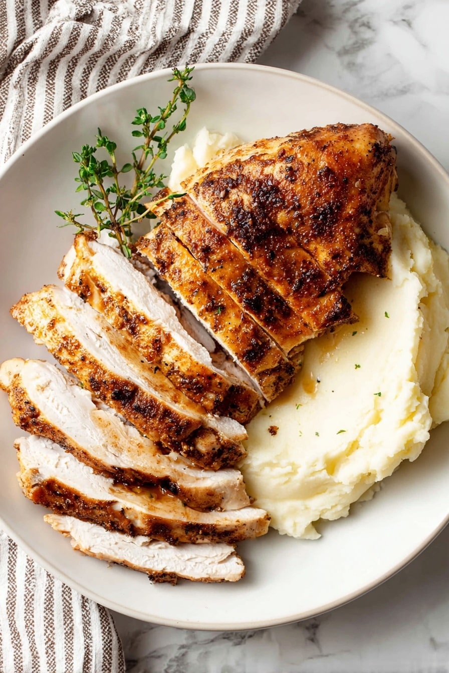 A white plate on a white marbled surface holds a piece of roasted chicken with golden brown crispy skin, sliced into five uneven layers showing white cooked meat inside. The chicken rests on a bed of creamy mashed potatoes, spread in a smooth curved shape covering half the plate. A small sprig of green herbs is placed next to the chicken for garnish. In the top left corner, a partial view of an orange creamy soup in a glass bowl can be seen, and a small white pumpkin is in the top right on the white marbled texture. A gray cloth with white stripes lies folded beneath the plate on the left side. Photo taken with an iphone --ar 2:3 --v 7 - Instant Pot Turkey Breast with Creamy Gravy, turkey breast recipe, pressure cooker turkey, easy turkey dinner, creamy gravy recipe