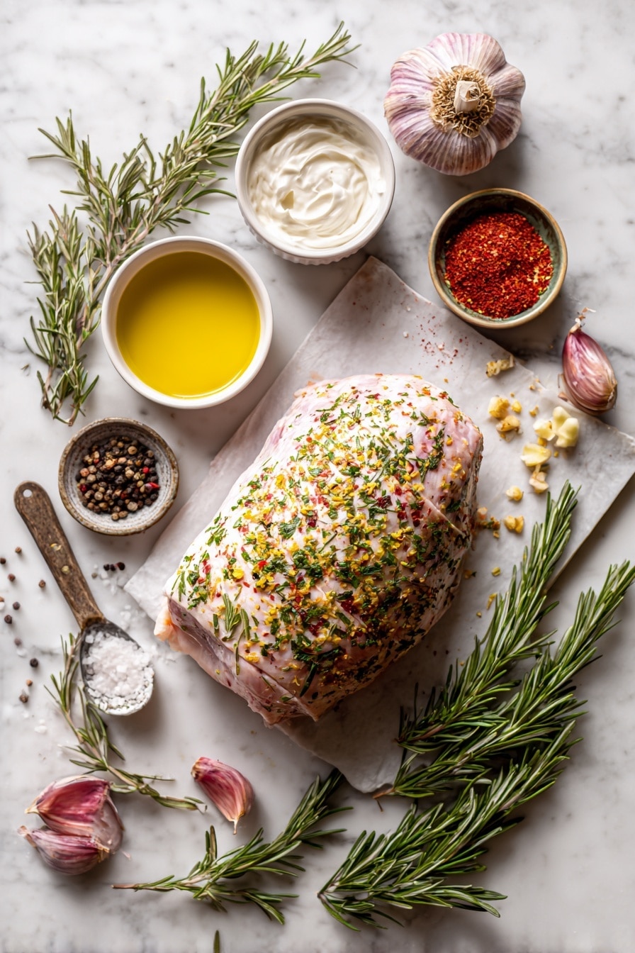 Flat lay of a fresh boneless turkey breast roast seasoned with bright green chopped rosemary, vibrant red paprika powder, minced garlic cloves, sprigs of Italian herbs, and a small dish of golden olive oil, arranged beautifully alongside coarse ground black pepper, fresh rosemary sprigs, and a small bowl of heavy cream, placed on a white marble surface, photo taken with an iphone --ar 2:3 --v 7 - Instant Pot Turkey Roast, Turkey Roast with Creamy Gravy, Juicy Turkey with Instant Pot, Easy Turkey Roast Recipe, Pressure Cooker Turkey Meal