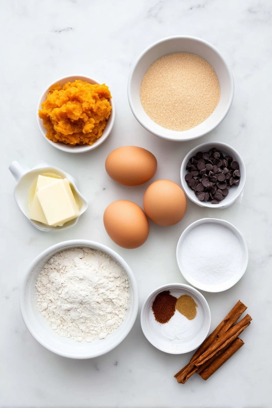 Flat lay of a small mound of pale orange pumpkin puree, a half cup of soft, creamy butter, two whole uncracked brown eggs, a small white ceramic bowl filled with light brown sugar, another small white bowl with white granulated sugar, a white bowl holding gluten free all purpose baking flour, a small white bowl with dark chocolate chips, a tiny white bowl with pumpkin pie spice blend, a smaller white bowl with baking soda powder, a pinch of fine white salt in a white bowl, and a few cinnamon sticks arranged neatly, all placed on a clean white marble surface, soft natural light, photo taken with an iPhone, professional food photography style, fresh ingredients, white ceramic bowls, no bottles, no duplicates, no utensils, no packaging --ar 2:3 --v 7 --p awthu7i m7354615311229779997 - Gluten Free Pumpkin Cookies, pumpkin cookies without gluten, allergy-friendly fall cookies, soft chewy pumpkin treats, pumpkin spice cookies gluten free