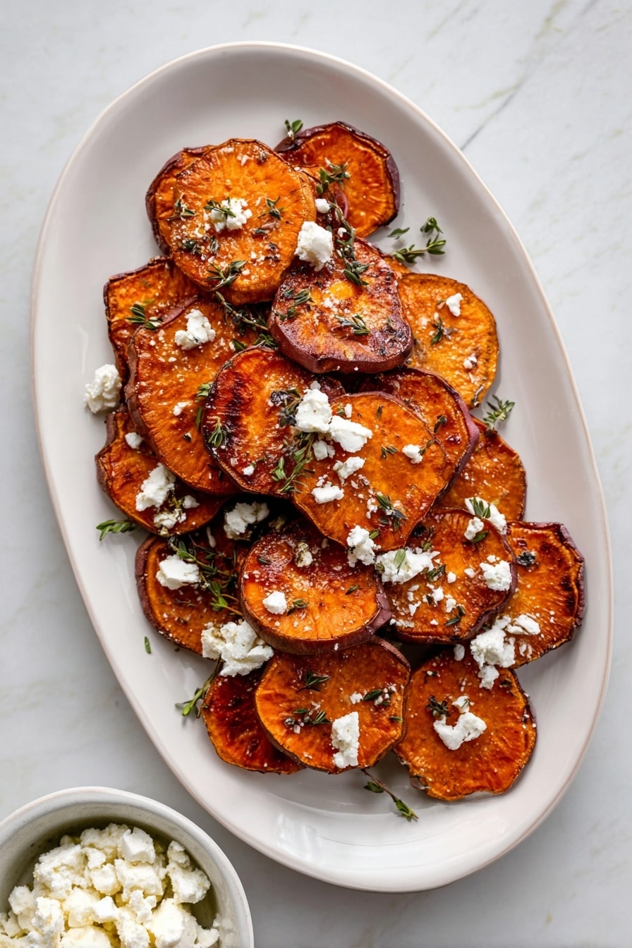 The dish shows a close-up of about two layers of round sweet potato slices. The slices are roasted to a rich orange color with slightly burnt, crispy brown edges, giving a textured look. On top of the slices, scattered white crumbles of cheese add a light contrast, while small green herb sprigs provide fresh color and a delicate touch. The food is set on a white plate over a white marbled surface, creating a bright and clean background. photo taken with an iphone --ar 2:3 --v 7 - Roasted Sweet Potato Rounds with Honey & Feta, sweet potato appetizer, healthy sweet potato side, honey feta snack, easy roasted sweet potato recipe