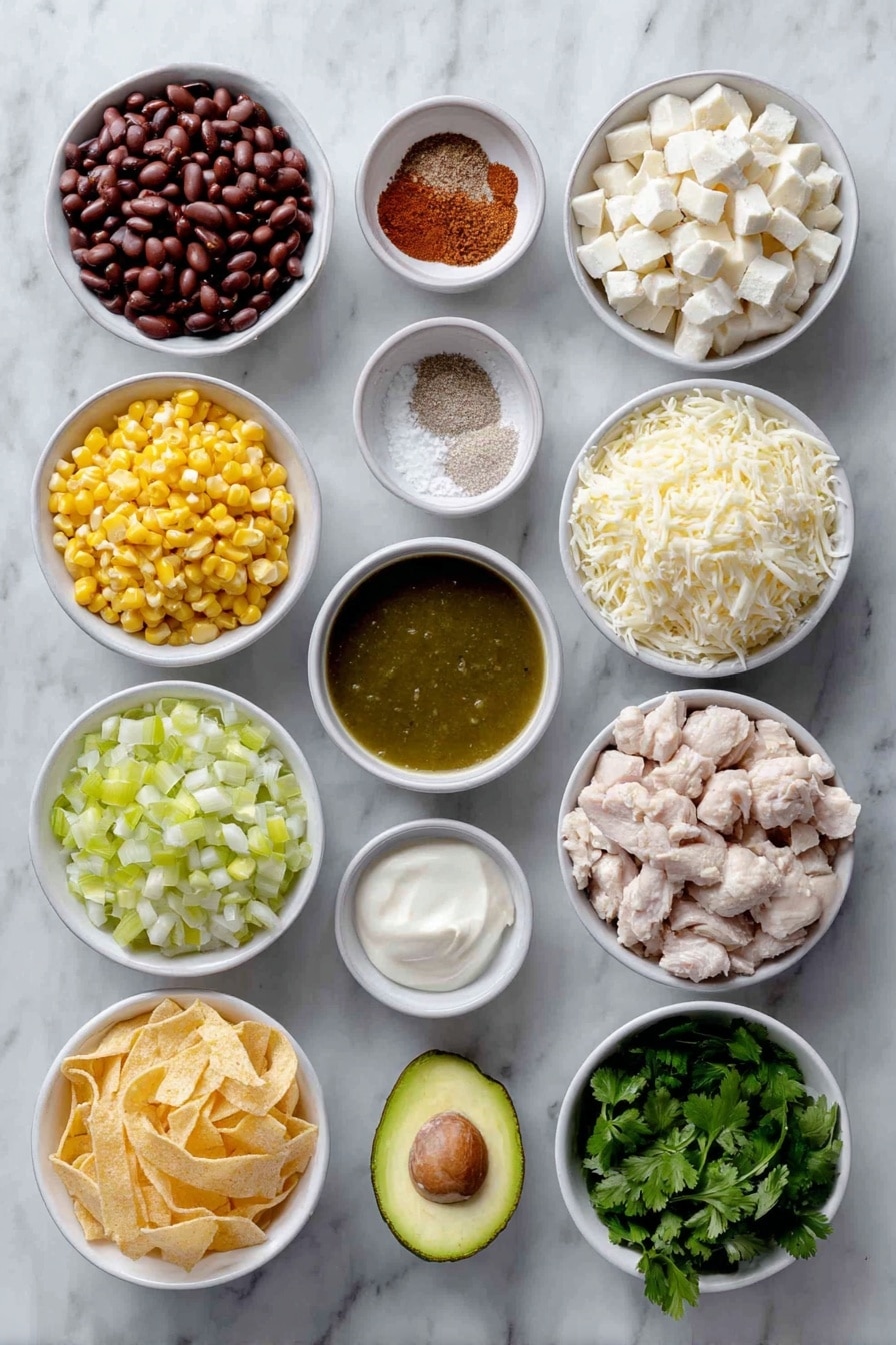 Flat lay of cooked chicken diced into chunks, white beans, cream cheese cubes, fresh corn kernels, fresh green chiles, green enchilada sauce in a small white bowl, onion powder, garlic powder, chili powder, salt in small white bowls, chicken broth in a small white bowl, tortilla strips, shredded cheddar cheese, sour cream in a small white bowl, a large diced avocado, fresh chopped cilantro all arranged symmetrically on simple white ceramic dishes, placed on a clean white marble surface, soft natural light, photo taken with an iPhone, professional food photography style, fresh ingredients, white ceramic bowls, no bottles, no duplicates, no utensils, no packaging --ar 2:3 --v 7 --p awthu7i m7354615311229779997 - Green Enchilada Chicken Soup, green enchilada soup, creamy chicken soup, slow cooker chicken soup, Mexican chicken soup