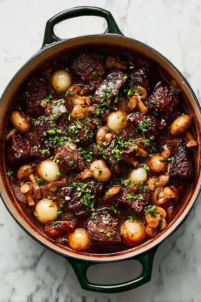 Classic Beef Bourguignon with Mushrooms and Pearl Onions Recipe