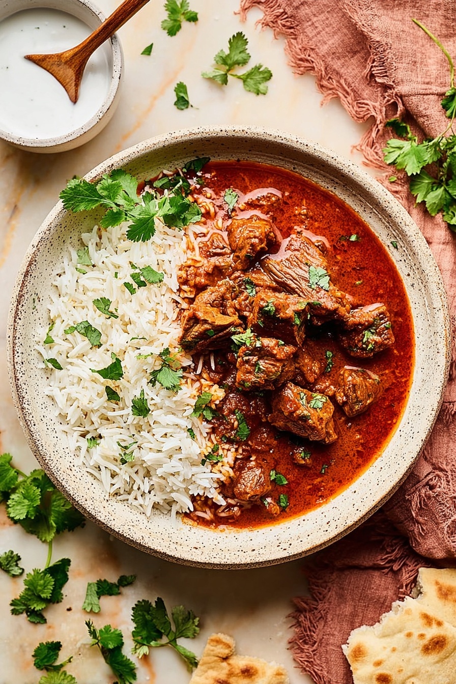 A white speckled bowl holds a dish divided into two parts: one side has white fluffy rice garnished with bright green cilantro leaves, and the other side contains chunks of meat coated in a rich, deep red-orange sauce, also topped with scattered cilantro leaves. The bowl sits on a tan surface with some scattered fresh cilantro leaves around, a small white bowl with thick white sauce and a wooden spoon is nearby, and pieces of light-colored flatbread are seen at the edge. The colors are warm and inviting, with fresh green accents standing out against the red sauce and white rice, all set on a white marbled texture background. photo taken with an iphone --ar 2:3 --v 7 - Lamb Curry, hearty lamb curry recipe, slow-cooked lamb dishes, flavorful Indian lamb curry, comforting lamb dinner