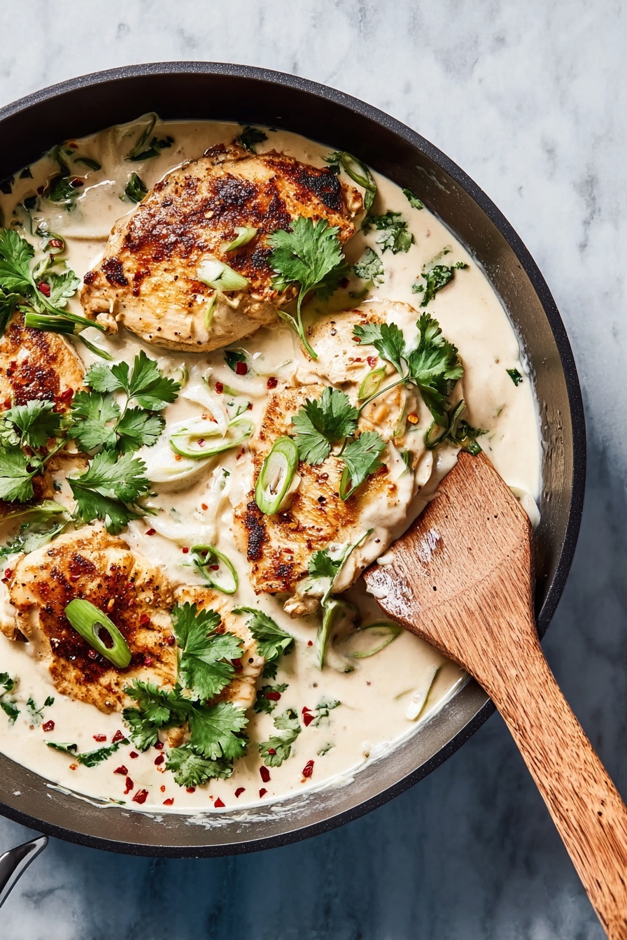 A black pan shows three pieces of golden-brown grilled chicken, partially covered in a thick, creamy white sauce with a smooth texture. Fresh green cilantro leaves and thin slices of green onions are scattered on top, adding bright pops of color. Small red chili flakes are sprinkled over the sauce and chicken for a touch of heat. A wooden spatula lifts one piece of chicken, revealing the creamy sauce coating the chicken underneath. The pan sits on a white marbled surface. photo taken with an iphone --ar 2:3 --v 7 - Creamy Coconut Lime Chicken, coconut lime chicken, tropical chicken recipes, easy coconut chicken, zesty chicken dinner