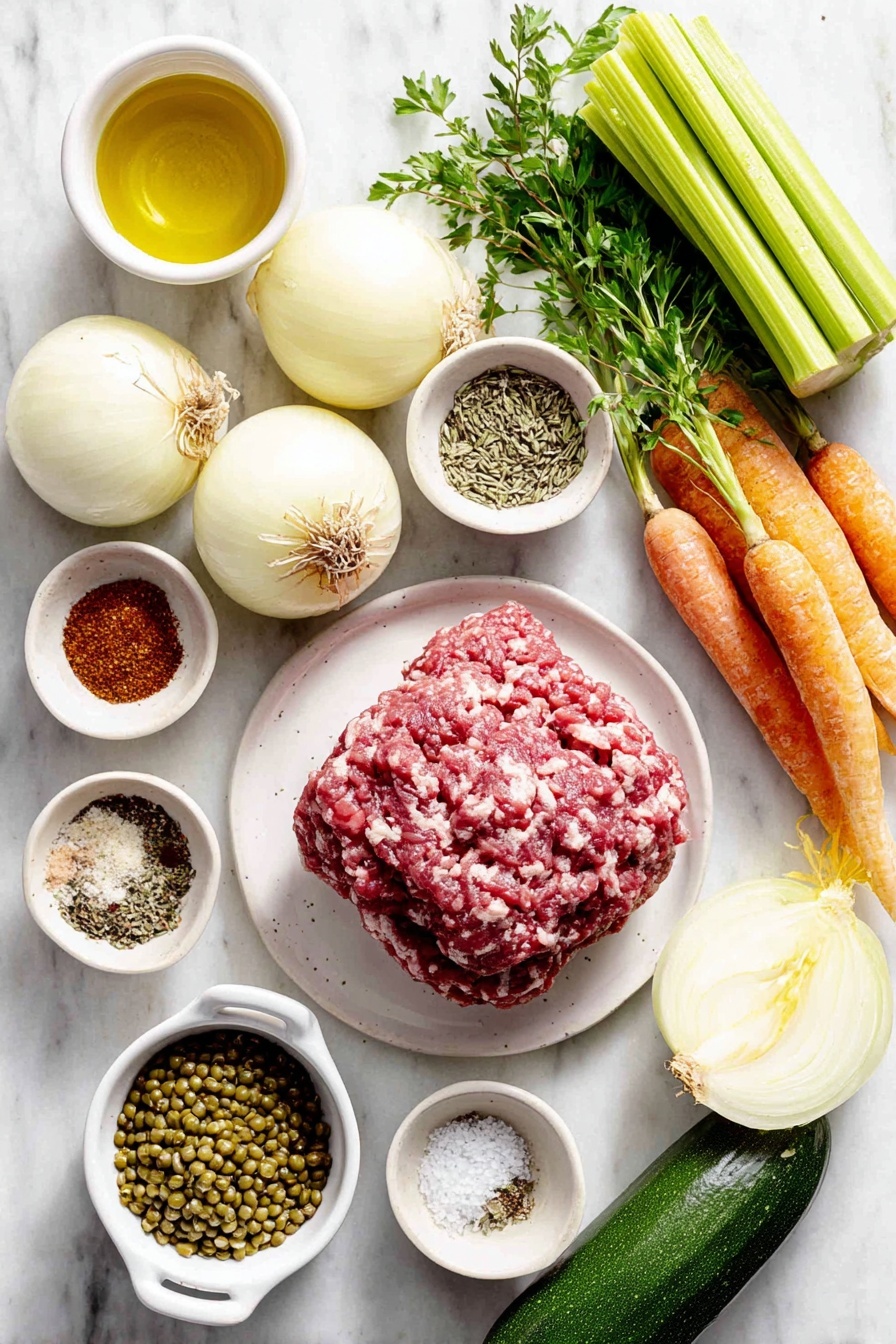 Flat lay of a small white ceramic bowl of extra-virgin olive oil, a portion of raw 80/20 ground beef, one small yellow onion whole and unchopped, four celery ribs whole and fresh, three medium whole carrots with peel intact, three whole garlic cloves unpeeled, a small white ceramic bowl filled with chicken or vegetable stock, a small white ceramic bowl of crushed ripe red tomatoes, a small white ceramic bowl with mixed Italian dried herbs, a small white ceramic bowl with smoked paprika powder, a small white ceramic bowl of coarse kosher salt, a small white ceramic bowl with freshly cracked black pepper, a small pile of dried green lentils, two medium whole zucchini with stem ends attached, a small handful of trimmed green beans, a small bunch of fresh parsley sprigs, a small pile of finely chopped basil leaves — all ingredients arranged symmetrically on simple white ceramic dishes and plates, placed on a clean white marble surface, soft natural light, photo taken with an iPhone, professional food photography style, fresh ingredients, white ceramic bowls, no bottles, no duplicates, no utensils, no packaging --ar 2:3 --v 7 --p awthu7i m7354615311229779997 - Hearty Beef and Lentil Soup with Vegetables, healthy beef lentil soup, easy beef lentil stew, nutritious vegetable soup, comforting lentil and beef soup