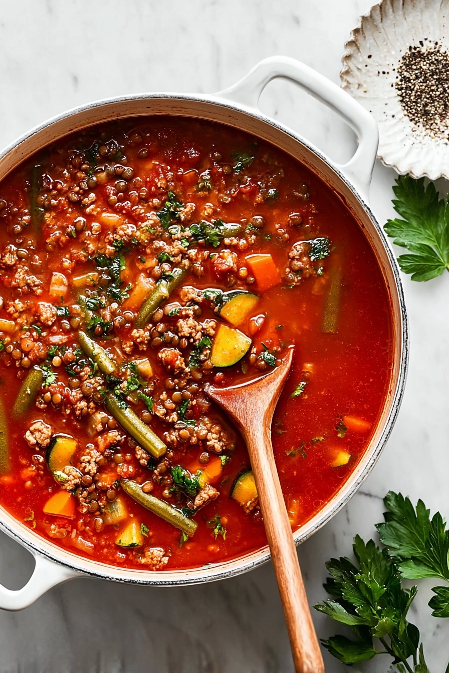 A white shallow bowl filled with a rich red tomato-based soup with visible layers of lentils, chunks of orange carrot, green beans, and pieces of light brown ground meat. The soup is garnished with fresh green herbs scattered on top, giving a fresh look. A silver spoon rests inside the bowl with its handle leaning on the edge, and a small piece of torn bread sits nearby on a white marbled surface. To the side, a small white dish holds cracked black pepper. photo taken with an iphone --ar 2:3 --v 7 - Hearty Beef and Lentil Soup with Vegetables, healthy beef lentil soup, easy beef lentil stew, nutritious vegetable soup, comforting lentil and beef soup
