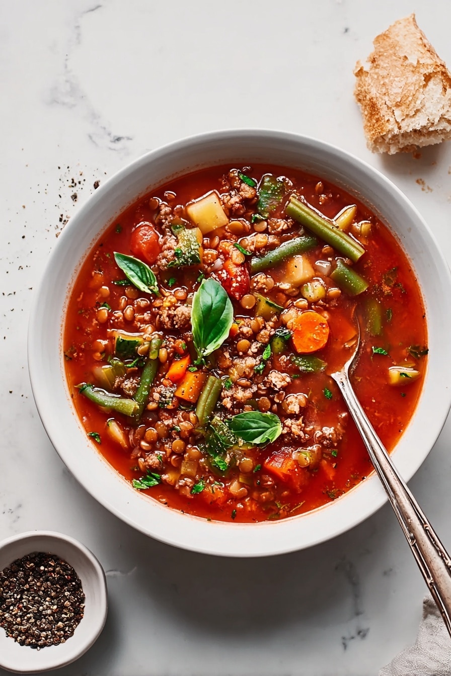 A white pot filled with thick red tomato soup shows many chunks of vegetables like green beans, celery, carrots, and zucchini. Small brown lentils and pieces of cooked ground meat are mixed in. Fresh green parsley leaves are sprinkled on top. A wooden spoon rests inside the pot, partially submerged in the soup, and the pot handle is visible on the right. The pot sits on a white marbled surface with some parsley leaves and a white plate with coarse black pepper to the upper right. Photo taken with an iphone --ar 2:3 --v 7 - Hearty Beef and Lentil Soup with Vegetables, healthy beef lentil soup, easy beef lentil stew, nutritious vegetable soup, comforting lentil and beef soup