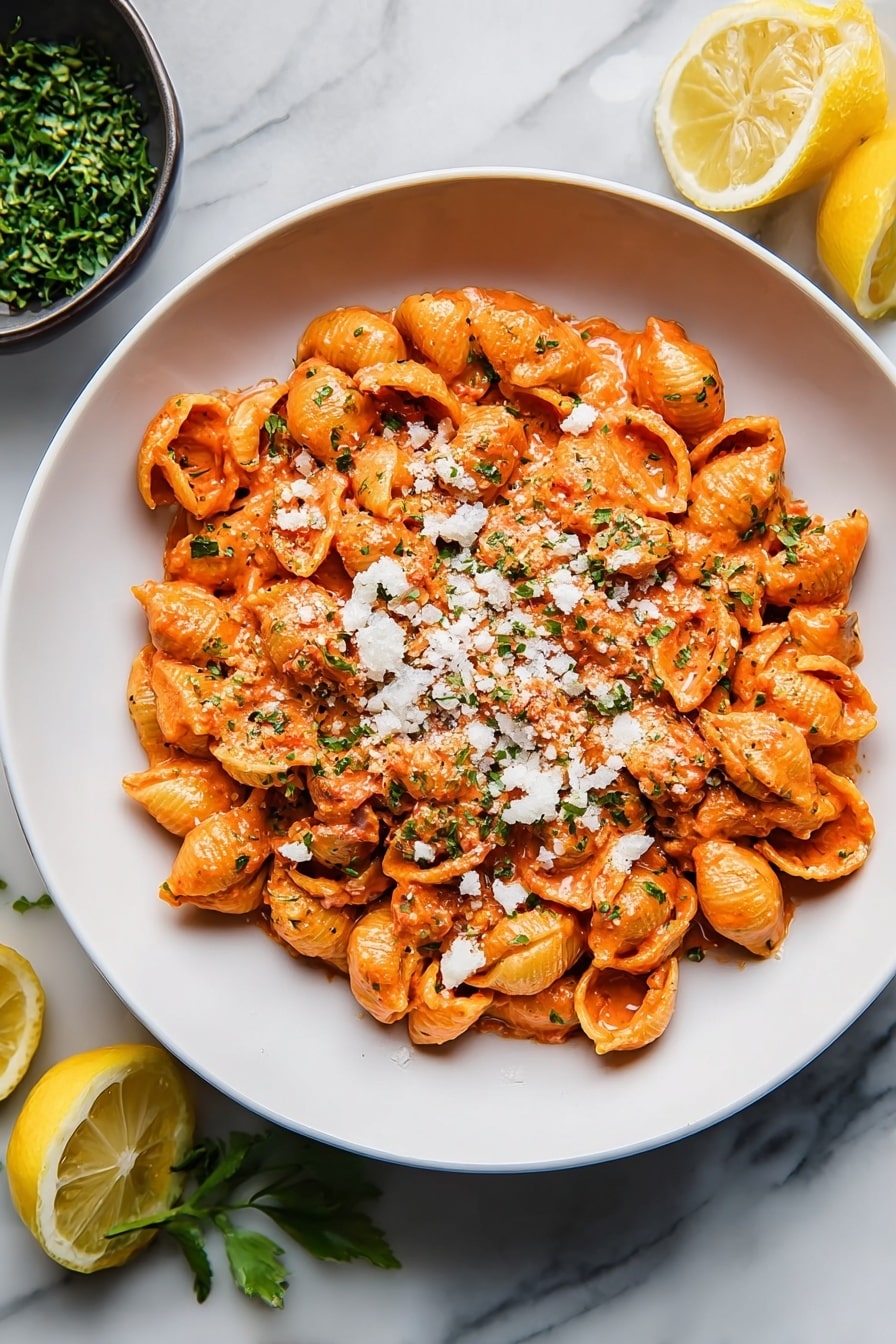 A white deep bowl holds a serving of shell pasta covered in orange creamy sauce. The pasta shells are thickly coated and mixed with small pieces of sun-dried tomatoes that add deep red spots throughout the dish. In the center, there is a layer of shredded white cheese sprinkled with fresh green chopped herbs, mainly parsley, scattered over the whole pasta. The bowl sits on a white marbled surface, and in the top right corner, part of a light brown piece of bread appears. The photo taken with an iphone --ar 2:3 --v 7 - Lemon Calabrian Chili Pasta, spicy lemon pasta, Calabrian chili pasta recipe, quick lemon chili pasta, flavorful pasta dishes