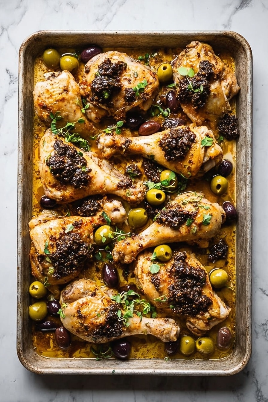 The image shows a metal baking tray filled with golden-brown cooked chicken pieces, including drumsticks and thighs. The chicken is topped with a dark, chunky olive tapenade spread unevenly on each piece. Scattered around the chicken are whole green and black olives, along with slices of black olives, all sitting in a light brown sauce that coats the tray bottom. Small green herb leaves are sprinkled over the dish, adding a touch of fresh color. The tray is placed on a white marbled surface. photo taken with an iphone --ar 2:3 --v 7 - Sheet Pan Chicken Marbella with Olives and Prunes, Chicken Marbella, Mediterranean chicken bake, easy sheet pan dinner, flavorful chicken recipes