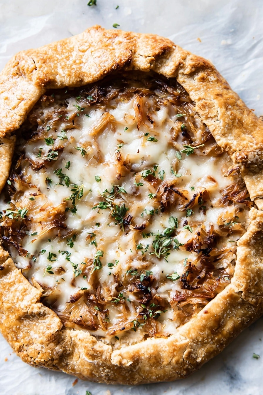 The image shows a rustic baked tart on a dark surface with a white marbled texture. The tart has one layer of a golden, thick, and flaky crust that is unevenly folded around the edges. Inside, there is a layer of browned caramelized onions and mushrooms mixed together, topped with melted white cheese that looks slightly browned. Sprigs of fresh green herbs are scattered on top for decoration. A small wedge of the tart is cut out and lifted, showing the same layers inside. The background includes a few more herb sprigs and a silver serving spatula nearby. photo taken with an iphone --ar 2:3 --v 7 - Wild Mushroom Galette with Herb Crust, rustic mushroom tart, easy mushroom galette, herb crust tart, wild mushroom tart recipe