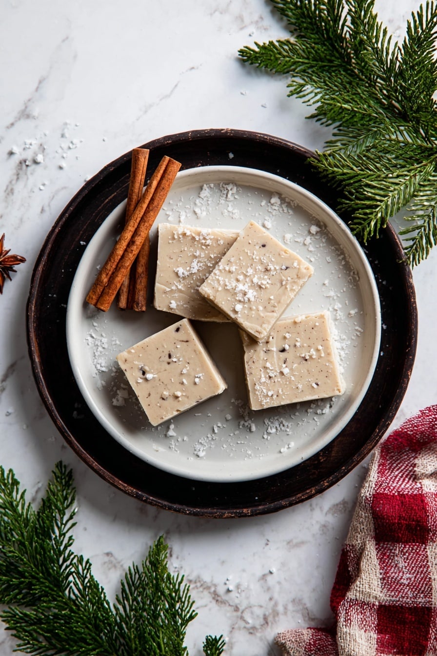Three square pieces of light beige soap with small dark specks are stacked in the center of a black round plate. The top soap has some coarse white salt sprinkled on it. Two cinnamon sticks and some clove buds lie next to the soaps on the plate. The plate sits on a white marbled surface, and in the blurry background, there are more soaps and some green pine branches with a red and white cloth. The photo is taken with an iphone --ar 2:3 --v 7 - White Chocolate Chai Fudge, White Chocolate Chai Fudge Recipe, Chai Spice Fudge, White Chocolate Dessert, Cozy Fudge Recipe