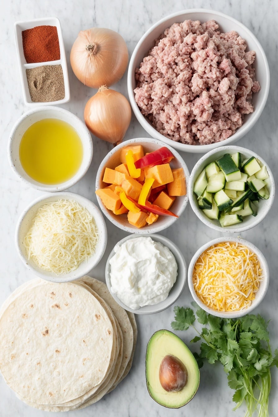 Flat lay of a small pile of fresh raw ground turkey, a few whole brown onions unpeeled, a handful of fresh orange carrots chopped, diced green zucchini pieces, chunks of bright orange sweet potato, sliced red and yellow bell peppers, a few whole dried chipotle peppers, small white ceramic bowls each containing dark red chili powder, pale brown cumin powder, coarse salt crystals, a small white bowl of golden cooking oil, a small white bowl filled with clear chicken broth, a small white bowl with rich red pinto beans, a small mound of shredded Mexican blend cheese, a small dollop of smooth creamy plain Greek yogurt, a ripe avocado halved showing bright green flesh and a large brown seed, a clean stack of soft 10-inch flour tortillas on a simple white ceramic plate, and a small bunch of fresh bright green cilantro sprigs arranged symmetrically, all placed on a clean white marble surface, soft natural light, photo taken with an iPhone, professional food photography style, fresh ingredients, white ceramic bowls, no bottles, no duplicates, no utensils, no packaging --ar 2:3 --v 7 --p awthu7i m7354615311229779997 - Spicy Chipotle Turkey Burritos, homemade burritos with chipotle, smoky turkey burritos, quick spicy burrito recipe, flavorful turkey burritos