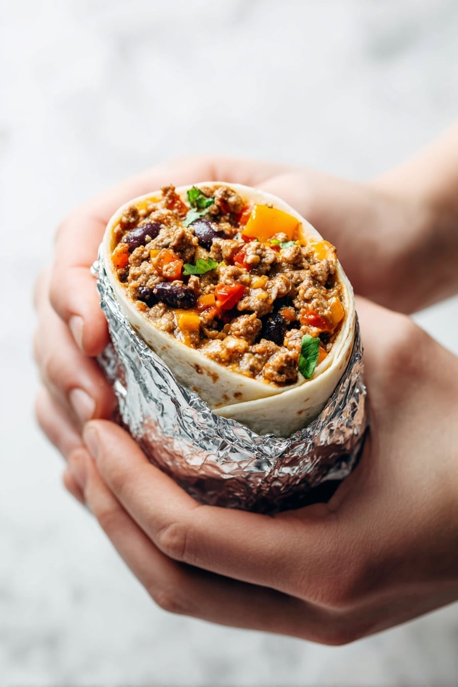 A white tortilla rests flat on a white marbled surface with a mix of cooked ground meat, black beans, and diced orange and red vegetables spread in the center as the first layer. On top of this, there's a dollop of white sour cream or yogurt adding smooth texture. Fresh green chopped herbs are sprinkled over the top as the final layer. Above this, a woman's hand is gently dropping more chopped herbs onto the tortilla. Nearby, there is a clear glass bowl filled with the cooked meat and vegetable mix, and half of an avocado lies on the right side on the white marbled background. Photo taken with an iphone --ar 2:3 --v 7 - Spicy Chipotle Turkey Burritos, homemade burritos with chipotle, smoky turkey burritos, quick spicy burrito recipe, flavorful turkey burritos