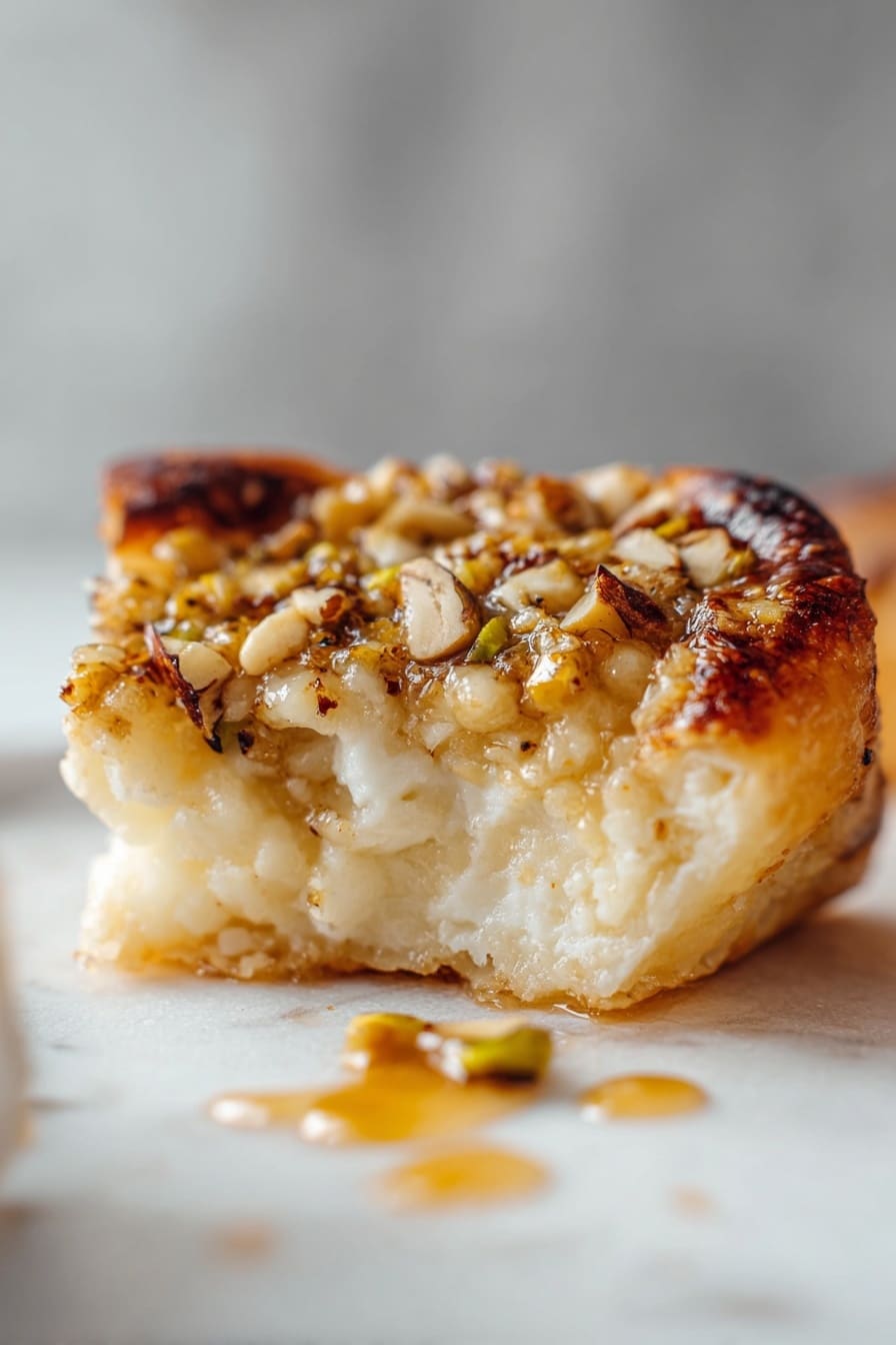 A close-up image of a single pastry piece with two visible layers: the bottom layer is a light golden, soft and fluffy dough, slightly thick, and the top layer is a mix of melted white cheese and chopped nuts with a shiny syrup glaze that looks sticky and golden brown. The edges of the pastry are a darker golden-brown, slightly crispy and caramelized. The pastry is placed on a white marbled surface, with a small drop of syrup and nut pieces spilled next to it. The background is blurred with neutral light gray tones. photo taken with an iphone --ar 2:3 --v 7 - English Muffin Baklava with Nuts and Honey, baklava-inspired breakfast, quick nutty dessert, easy baklava alternative, honey and nut snack