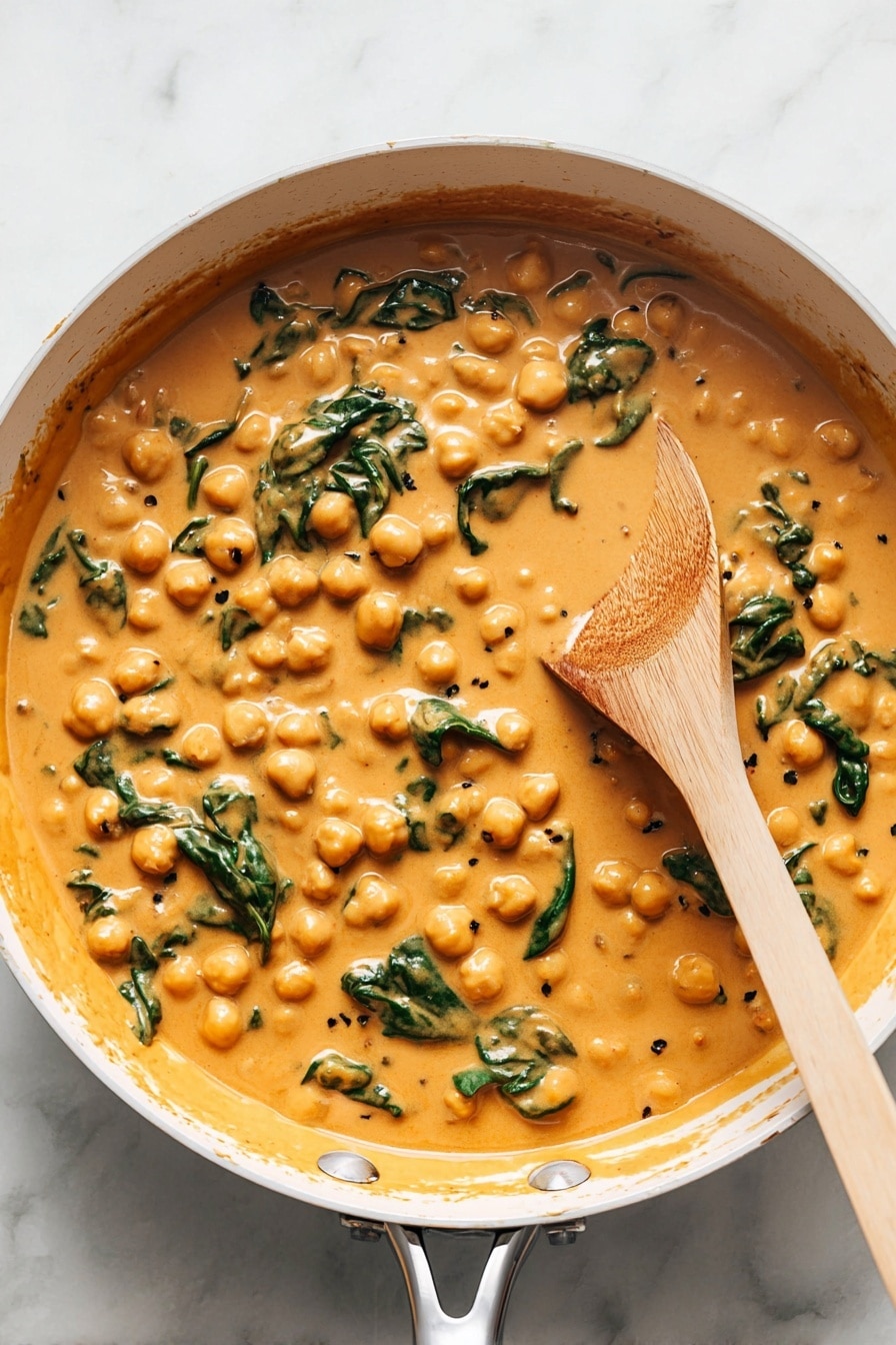 This image shows a white pan filled with a thick, creamy orange sauce mixed with small round chickpeas and dark green spinach leaves. The sauce looks smooth with visible specks of herbs and spices, and the chickpeas are evenly distributed throughout. A light-colored wooden spoon is partially submerged on the right side, with sauce coating its surface. The pan sits on a white marbled surface, creating a clean and bright background. photo taken with an iphone --ar 2:3 --v 7 - Easy Chickpea Curry with Spinach and Rice, chickpea curry, vegetarian curry recipe, spinach curry, quick curry dinner