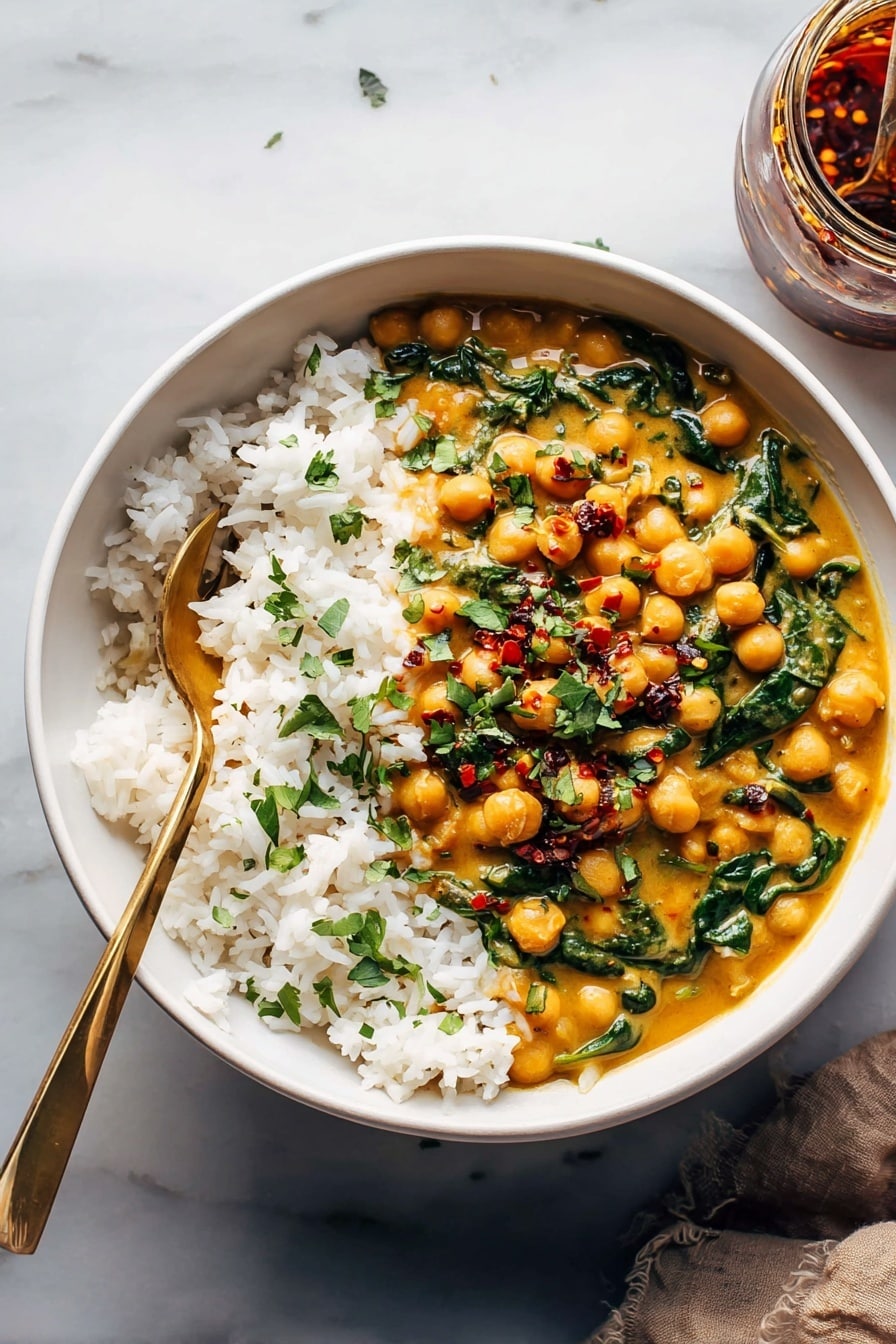 A white bowl filled halfway with fluffy white rice on the top right side and creamy yellow chickpea curry mixed with wilted green spinach leaves covering the bottom left side; the curry has a smooth, thick texture with whole chickpeas and is topped with dark red chili oil and chopped fresh green herbs scattered across both rice and curry. A golden fork rests on the right edge of the bowl, partially inserted into the curry, and the dish is placed on a white marbled surface with a jar of dark liquid and a spoon visible at the bottom left corner of the image. Photo taken with an iphone --ar 2:3 --v 7 - Easy Chickpea Curry with Spinach and Rice, chickpea curry, vegetarian curry recipe, spinach curry, quick curry dinner