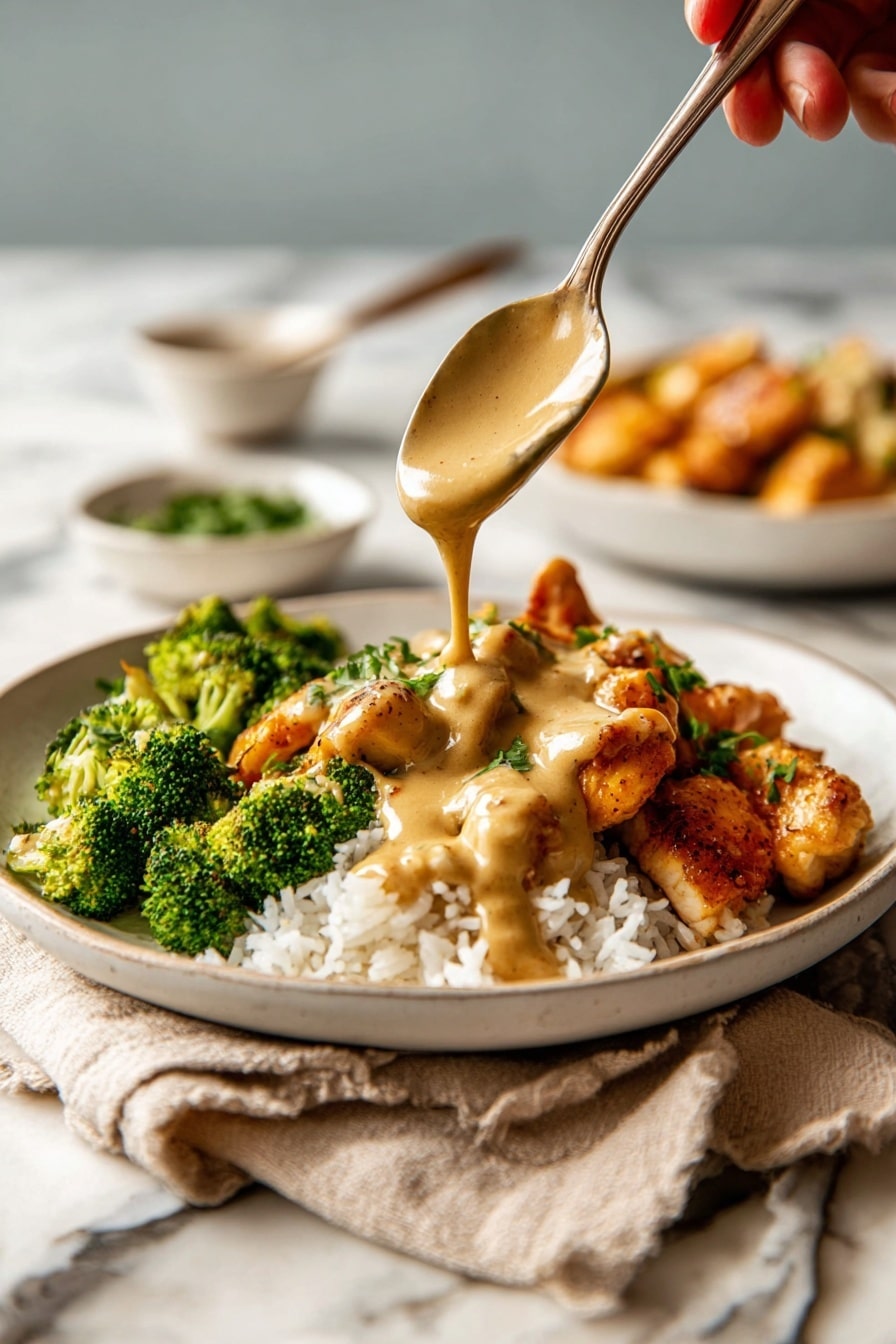 A white plate holds three main layers: on the left, bright green broccoli florets with a fresh texture; next to it on the right, white rice with a soft, fluffy look; on top of the rice and broccoli, pieces of reddish-brown cooked chicken covered with a light brown creamy sauce. The dish is sprinkled with small pieces of green onion over the top. A silver fork rests on the edge of the plate, slightly under the chicken. The plate is set on a white marbled surface with a light tan cloth partially visible nearby. photo taken with an iphone --ar 2:3 --v 7 - Red Curry Chicken Stir Fry with Cashew Sauce, spicy chicken stir fry recipes, quick Thai chicken dinners, easy cashew sauce recipes, flavorful Asian chicken stir fry