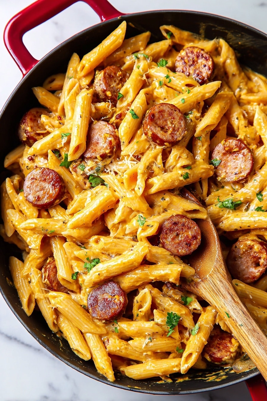 A close-up view of a dish showing around two layers of short, tube-shaped pasta coated in creamy orange sauce with small black pepper specks. On top, there are several round, browned sausage slices with a slightly crispy texture. Small green parsley leaves are scattered across the dish, adding fresh color. There are also tiny white shavings of cheese sprinkled over the pasta and sausage. The dish is placed on a white marbled surface. Photo taken with an iphone --ar 2:3 --v 7 - Smoked Sausage Cajun Alfredo, Cajun Alfredo pasta, Spicy sausage Alfredo, Creamy Cajun pasta recipe, Easy Cajun Alfredo dish