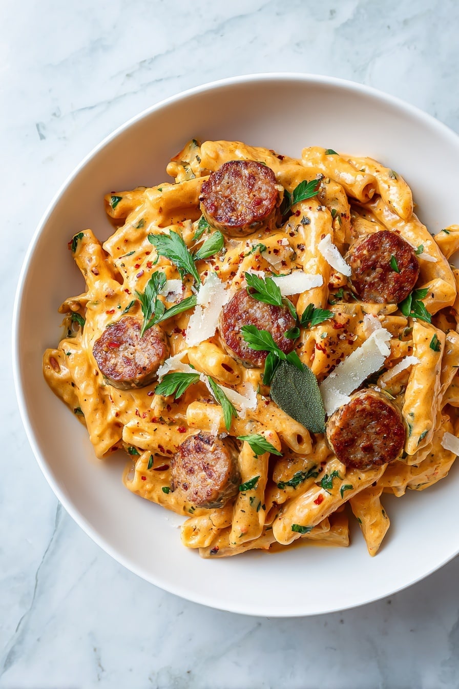 The image shows a black pan filled with creamy orange-yellow pasta made from penne noodles, coated evenly with sauce and mixed with browned, round slices of sausage that have a shiny, slightly crispy texture. Scattered small green flat-leaf herbs sit on top, adding a touch of freshness. A wooden spoon rests in the pan, partially covered by the pasta and sausage. The pan is placed on a white marbled surface. Photo taken with an iphone --ar 2:3 --v 7 - Smoked Sausage Cajun Alfredo, Cajun Alfredo pasta, Spicy sausage Alfredo, Creamy Cajun pasta recipe, Easy Cajun Alfredo dish