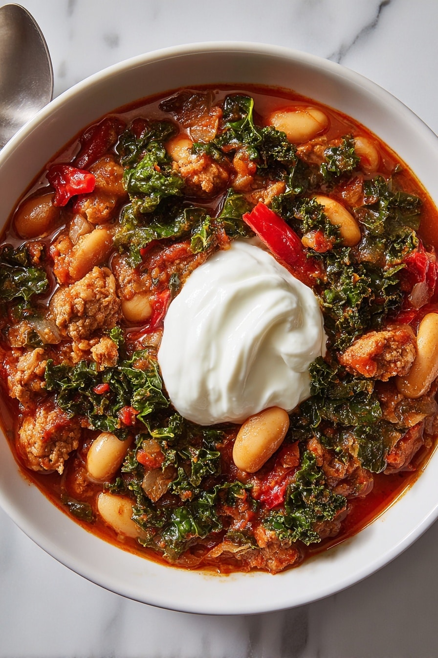 A white plate filled with a thick stew showing layers of large white beans, chunks of browned meat, green kale leaves, and small pieces of red bell pepper all mixed in a rich red-brown sauce. On top of the stew in the center sits a smooth, round dollop of white cream with soft ridges. The plate is set on a white marbled surface. photo taken with an iphone --ar 2:3 --v 7 - Spicy Turkey Sausage and Kale Chili, spicy turkey sausage chili, hearty kale chili, healthy turkey sausage chili, easy spicy chili recipe