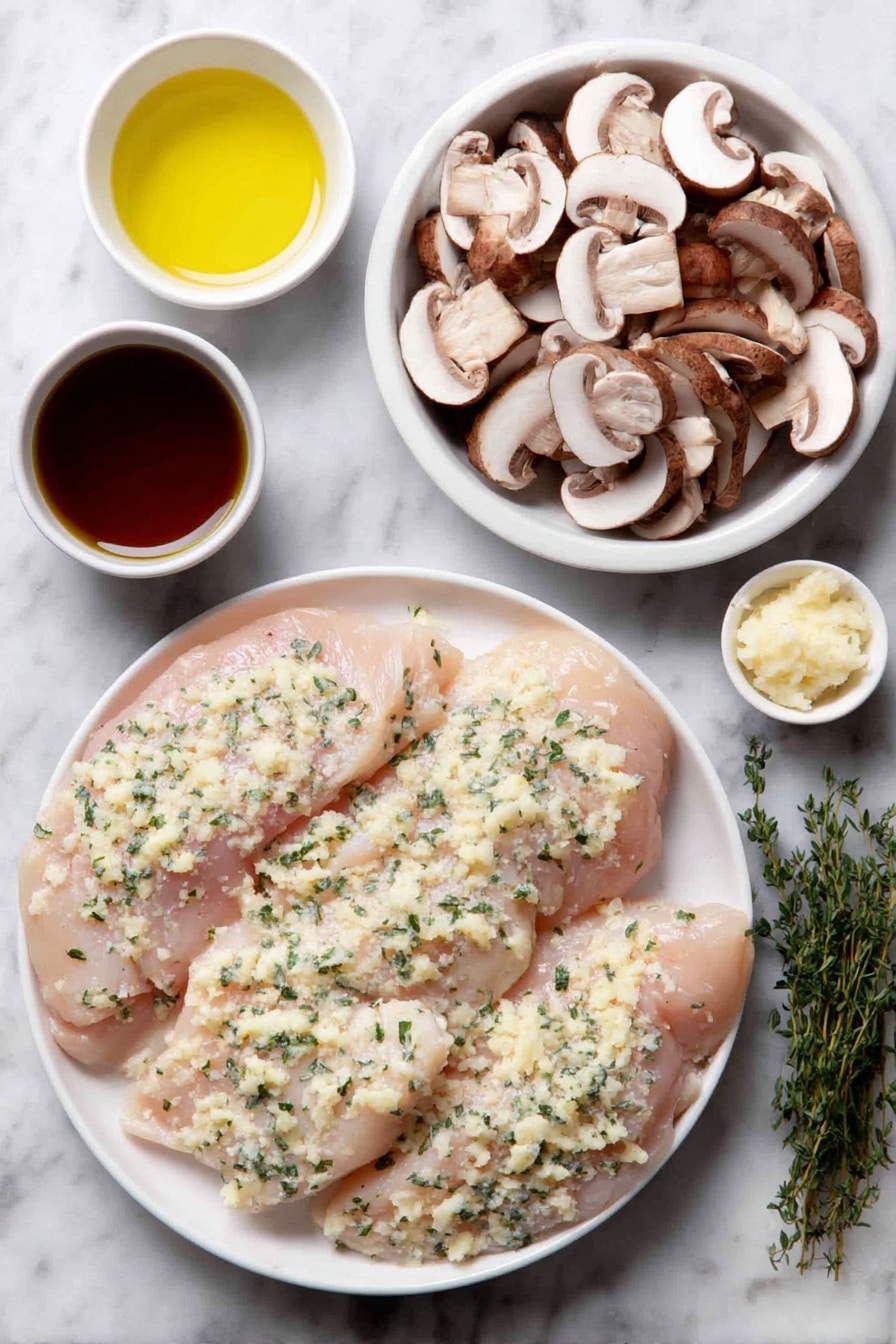 Flat lay of boneless, skinless chicken breast pieces seasoned with Italian herbs and sprinkled with flour on a simple white ceramic plate, thinly sliced cremini mushrooms arranged neatly in a white ceramic bowl, a small white bowl of extra-virgin olive oil, a few cloves of whole uncracked garlic, a finely chopped shallot on a white ceramic dish, fresh sprigs of thyme and parsley placed symmetrically side by side on a white ceramic plate, a portion of dry orzo pasta in a small white ceramic bowl, a small white bowl filled with dry Marsala wine, another small white bowl with low-sodium chicken broth, and a small white bowl containing heavy cream—all placed on a clean white marble surface, soft natural light, photo taken with an iPhone, professional food photography style, fresh ingredients, white ceramic bowls, no bottles, no duplicates, no utensils, no packaging --ar 2:3 --v 7 --p awthu7i m7354615311229779997 - Chicken Marsala Orzo, Chicken Marsala with orzo, easy Chicken Marsala dinner, quick Chicken Marsala pasta, elegant weeknight chicken dishes
