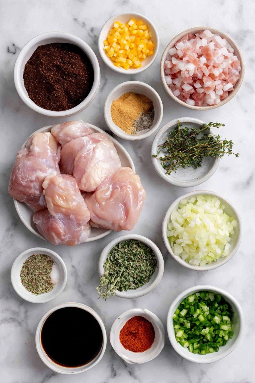 Flat lay of dark brown sugar in a small white ceramic bowl, soy sauce in a small white ceramic bowl, onion powder in a small white ceramic bowl, dark molasses in a small white ceramic bowl, freshly ground black pepper in a small white ceramic bowl, ground allspice in a small white ceramic bowl, kosher salt in a small white ceramic bowl, smoked paprika in a small white ceramic bowl, dried thyme in a small white ceramic bowl, eight raw boneless skinless chicken thighs arranged neatly, neutral oil in a small white ceramic bowl, one thinly sliced yellow onion piled neatly, one chopped red bell pepper, one chopped medium tomato, four scallions white and pale green parts thinly sliced, two chopped Scotch bonnet peppers with seeds removed, four whole garlic cloves peeled, a few fresh thyme sprigs, three dried bay leaves, a small white ceramic bowl of ketchup, a small white ceramic bowl of Worcestershire sauce, a small white ceramic bowl of finely chopped fresh ginger, a white ceramic bowl with chicken broth, whole uncracked eggs absent since no eggs specified to display, all arranged with perfect symmetry and realistic proportions, placed on a clean white marble surface, soft natural light, photo taken with an iPhone, professional food photography style, fresh ingredients, white ceramic bowls, no bottles, no duplicates, no utensils, no packaging --ar 2:3 --v 7 --p awthu7i m7354615311229779997 - Brown Stew Chicken with Rich Sauce, Caribbean Chicken Stew, Spicy Chicken Stew Recipe, Juicy Chicken Thighs Stew, Comfort Food Chicken Recipe