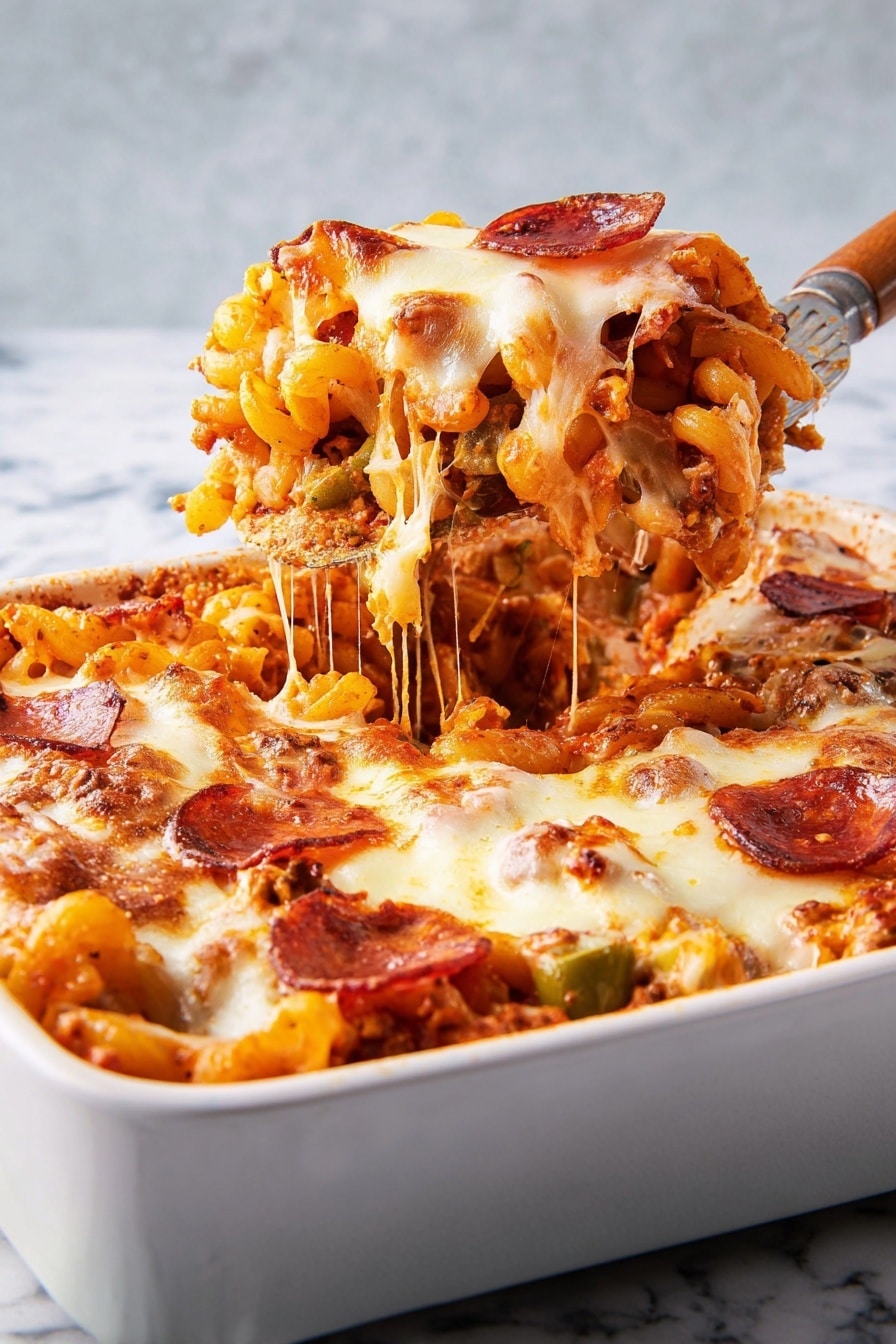 The image shows a close-up of a white baking dish filled with a pasta bake dish. The pasta is spiral-shaped and covered in a mix of tomato sauce and melted cheese that stretches as a serving spatula lifts a portion. The top layer features browned, melted cheese with a shiny, bubbly texture and pepperoni slices scattered, some slightly curled and crispy. Under the cheese, the pasta and sauce layer is reddish-orange, mixed with visible chunks of green olives and bits of ground meat or sausage. The background is a white marbled surface. Photo taken with an iphone --ar 2:3 --v 7 - Easy Sausage Pizza Casserole, pizza casserole, sausage pasta bake, cheesy casserole recipes, quick comfort food recipes