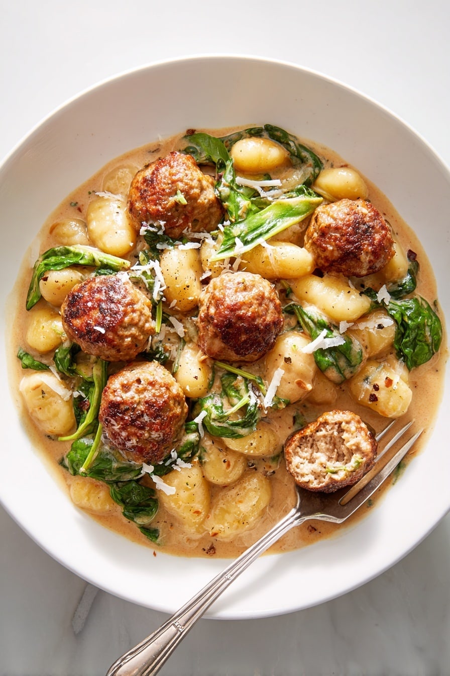 The dish shows five browned meatballs placed on top of a creamy light brown sauce mixed with soft, yellow gnocchi. The gnocchi pieces are plump and coated well with the sauce, which has small green leafy spinach pieces scattered between them. The meatballs are textured with a golden-brown crust, and one of them is cut open, revealing the inside, with a fork resting in it. The dish is served in a white bowl, placed on a white marbled surface, and a little grated parmesan is sprinkled on top. Photo taken with an iphone --ar 2:3 --v 7 - Slow-Cooker Tuscan Chicken Meatballs with Gnocchi, Italian chicken meatball recipes, easy slow cooker Italian dinners, Tuscan chicken and gnocchi, healthy chicken meatball recipes