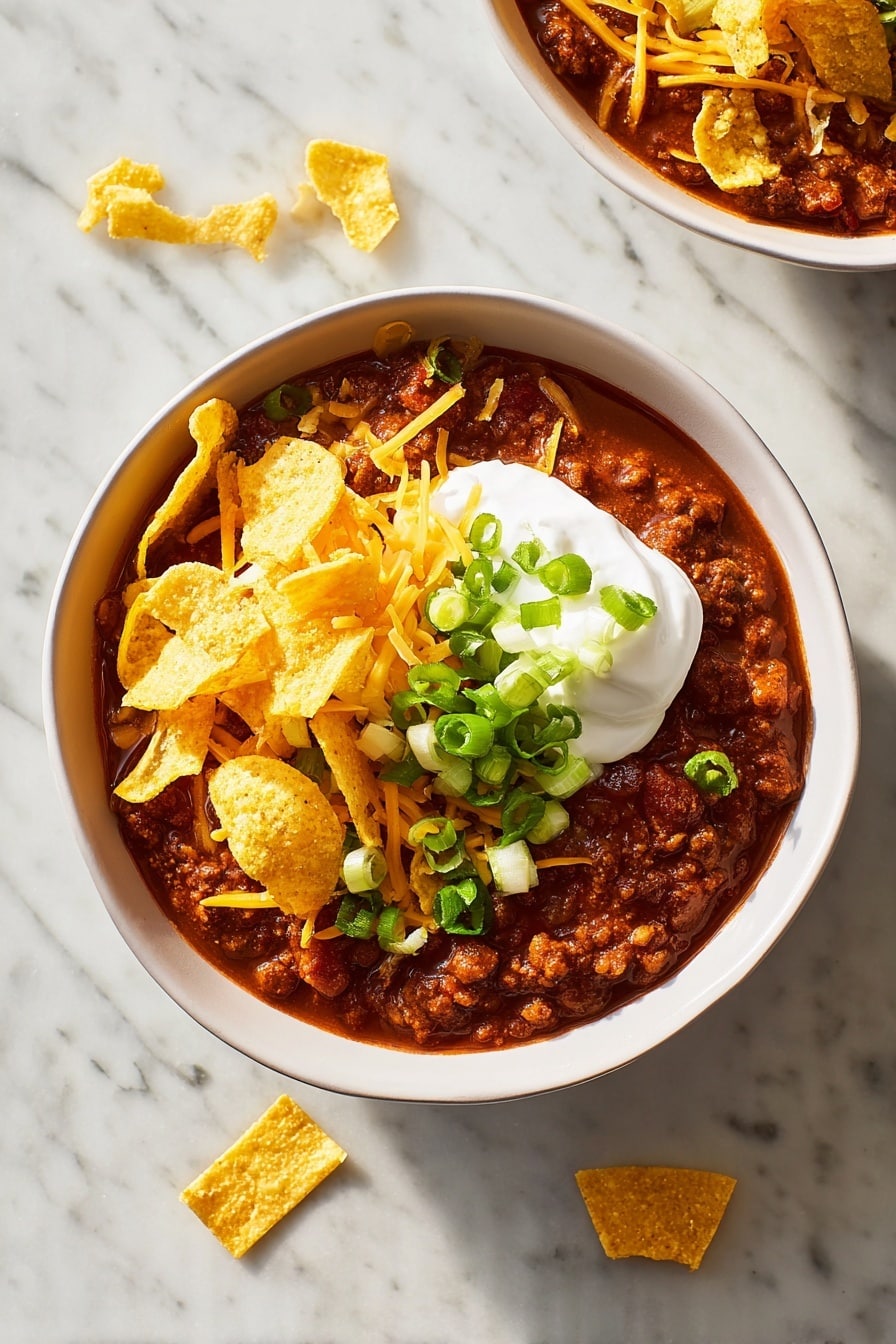 A white bowl filled with dark reddish-brown chili as the base layer, thick and chunky in texture. On one side, there is a smooth white dollop of sour cream. Scattered over the chili and sour cream are light yellow crunchy tortilla chips, some whole and some broken. Bright green chopped green onions are sprinkled over the bowl, along with thin shreds of pale yellow cheddar cheese placed evenly on top. The bowl is set on a white marbled surface. photo taken with an iphone --ar 2:3 --v 7 - Slow-Cooker Beef Chili, easy beef chili, hearty beef chili recipe, slow cooker chili ideas, comforting beef chili