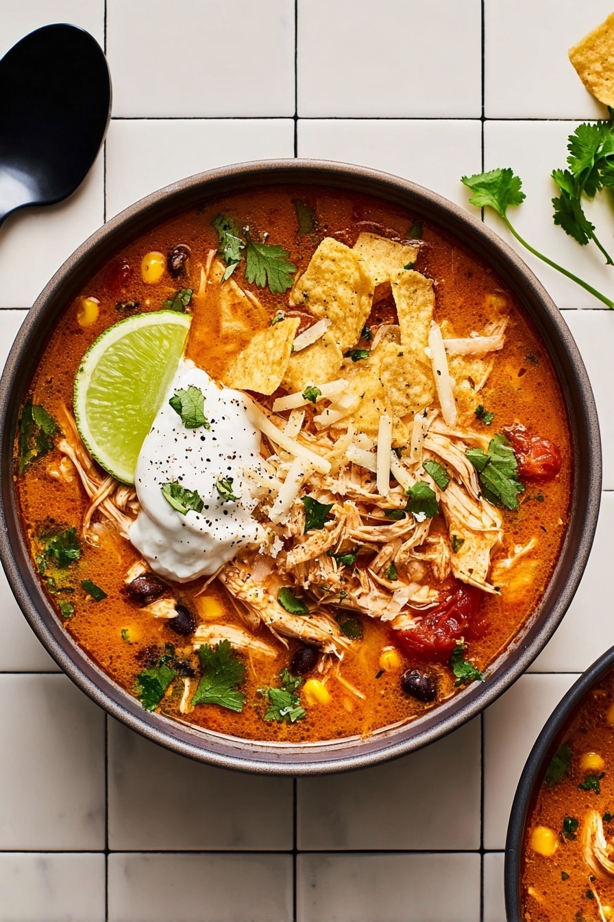 The image shows a dark bowl filled with rich tomato-based chicken soup. The first layer is a thick orange-red broth with corn, black beans, shredded chicken, and visible tomato chunks. On top, crumbled light tan tortilla chips and fresh green cilantro leaves are scattered. A dollop of white sour cream sits on one side, topped with shredded pale yellow cheese and a sprinkle of black pepper. A fresh wedge of lime with a shiny green skin rests against the sour cream. The bowl is placed on a white marbled tile surface with black grout lines. A black spoon is on the left, and another bowl of soup is partially visible on the right. Photo taken with an iphone --ar 2:3 --v 7 - Creamy Crock-Pot Chicken Enchilada Soup, easy slow cooker chicken soup, spicy chicken enchilada soup, hearty crockpot soup recipes, cheese chicken enchilada soup