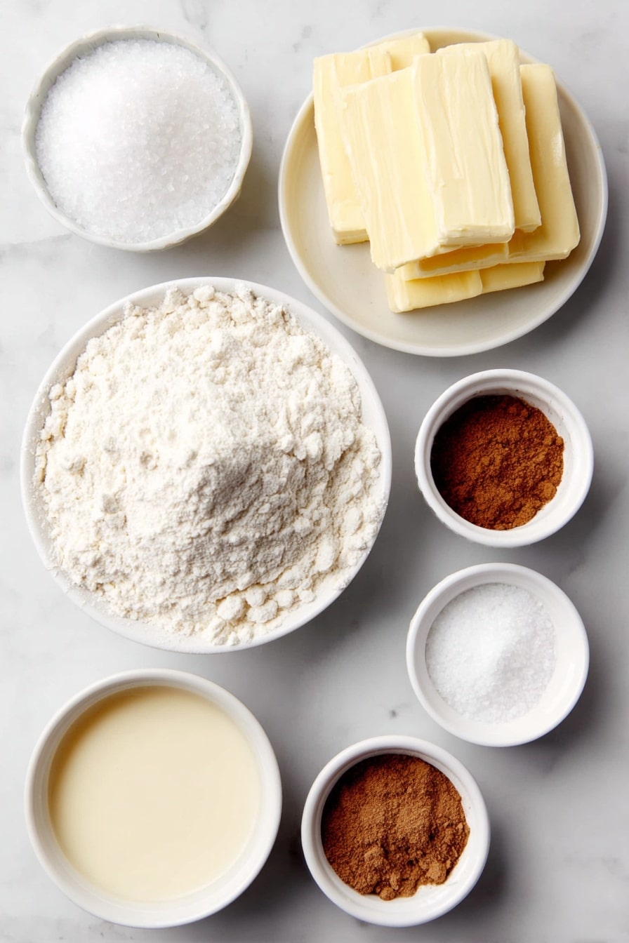 Flat lay of a small mound of all-purpose flour, a few whole cream of tartar crystals in a white ceramic bowl, kosher salt crystals in a separate small white bowl, a small white bowl with baking soda powder, a tiny white bowl holding freshly grated nutmeg, two sticks of unsalted butter stacked side by side, a small white bowl filled with granulated sugar, one large whole egg with a clean shell, a small white bowl containing smooth eggnog, and a small white bowl with ground cinnamon placed in perfect symmetry, all arranged on simple white ceramic dishes, placed on a clean white marble surface, soft natural light, photo taken with an iPhone, professional food photography style, fresh ingredients, white ceramic bowls, no bottles, no duplicates, no utensils, no packaging --ar 2:3 --v 7 --p awthu7i m7354615311229779997 - Eggnog Snickerdoodles, holiday cookies, cinnamon sugar cookies, festive cookie recipes, soft chewy cookies