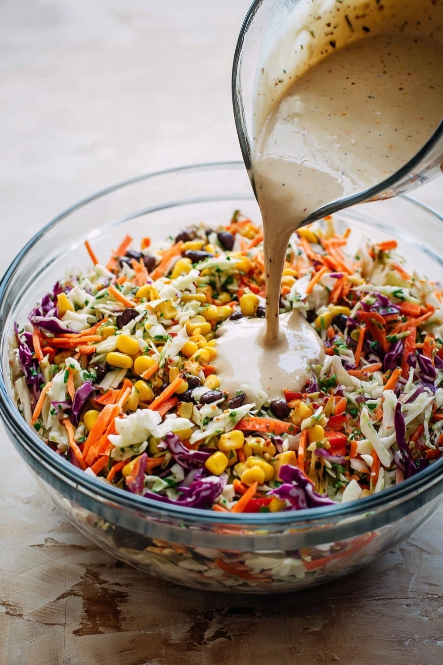 A clear glass bowl is filled with a colorful mix of shredded vegetables including white and purple cabbage, orange carrot pieces, yellow corn kernels, green chopped herbs, and small black beans. A smooth, light beige dressing is being poured from a measuring cup into the middle of the vegetable mixture, creating a small pool on top. The bowl sits on a white marbled surface. photo taken with an iphone --ar 2:3 --v 7 - Frito Cowboy Cabbage Salad, southwestern cabbage salad, chili cheese Fritos salad, easy cabbage salad recipes, best summer cabbage salad