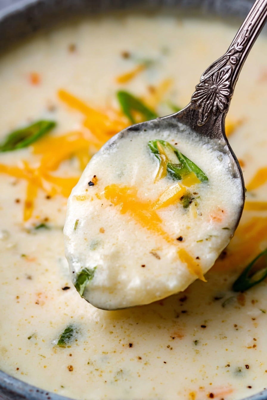 A close-up view of a creamy soup with a thick white base, speckled with small black pepper bits and tiny orange pieces. In the soup, there are thin, bright yellow cheese shreds and small green herb leaves and green onion slices floating. A silver ladle with a carved floral design holds a scoop of the soup, showing its smooth, creamy texture with visible cheese and greens. The background is softly blurred with the same creamy soup. photo taken with an iphone --ar 2:3 --v 7 - Creamy Potato Carrot Soup, Creamy vegetable soup, easy soup recipes, healthy potato carrot soup, comforting homemade soup