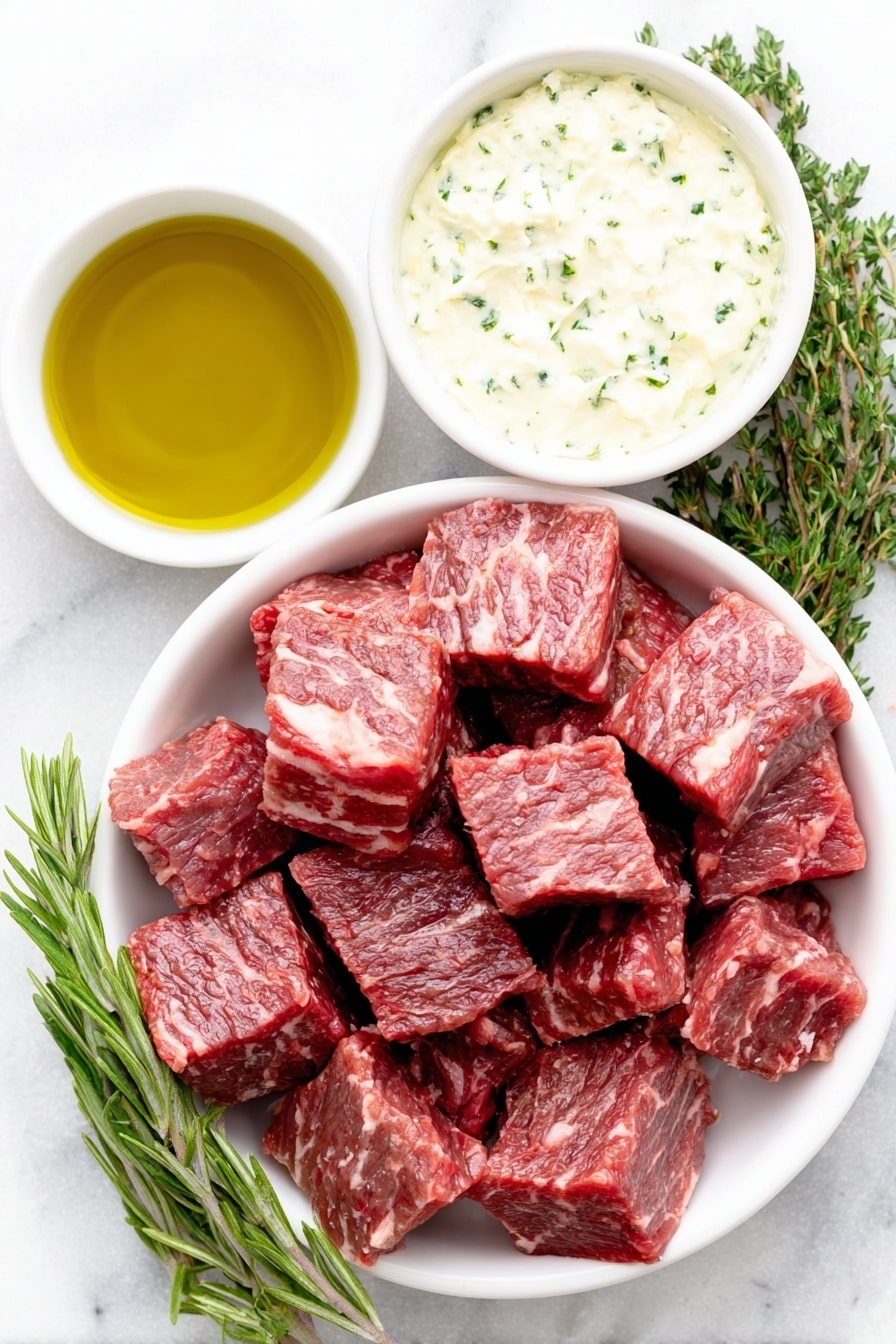 Flat lay of a small white ceramic bowl filled with golden extra virgin olive oil, a pile of fresh top sirloin steak pieces cut into 1-inch cubes showing marbled red meat and white fat, and a small white ceramic bowl holding creamy cowboy butter flecked with green herbs and garlic bits, all arranged in perfect symmetry, placed on a clean white marble surface, soft natural light, photo taken with an iPhone, professional food photography style, fresh ingredients, white ceramic bowls, no bottles, no duplicates, no utensils, no packaging --ar 2:3 --v 7 --p m7354615311229779997 - Cowboy Butter Steak Bites, Cowboy Butter Steak Bites recipe, flavorful steak bites, quick steak appetizer, easy steak dinner