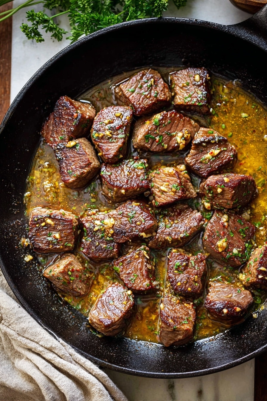 The image shows a black cast iron pan filled with about twenty small, browned beef cubes that have a crispy char on the outside. The beef pieces sit in a shallow pool of golden, oily sauce mixed with chopped green herbs and small bits of garlic, which adds texture and gloss. The pan is placed on a wooden surface with some green parsley nearby and a cream-colored cloth partly visible at the bottom. The sauce glistens under the light, highlighting the rich brown color and juicy texture of the meat. Photo taken with an iphone --ar 2:3 --v 7 - Cowboy Butter Steak Bites, Cowboy Butter Steak Bites recipe, flavorful steak bites, quick steak appetizer, easy steak dinner
