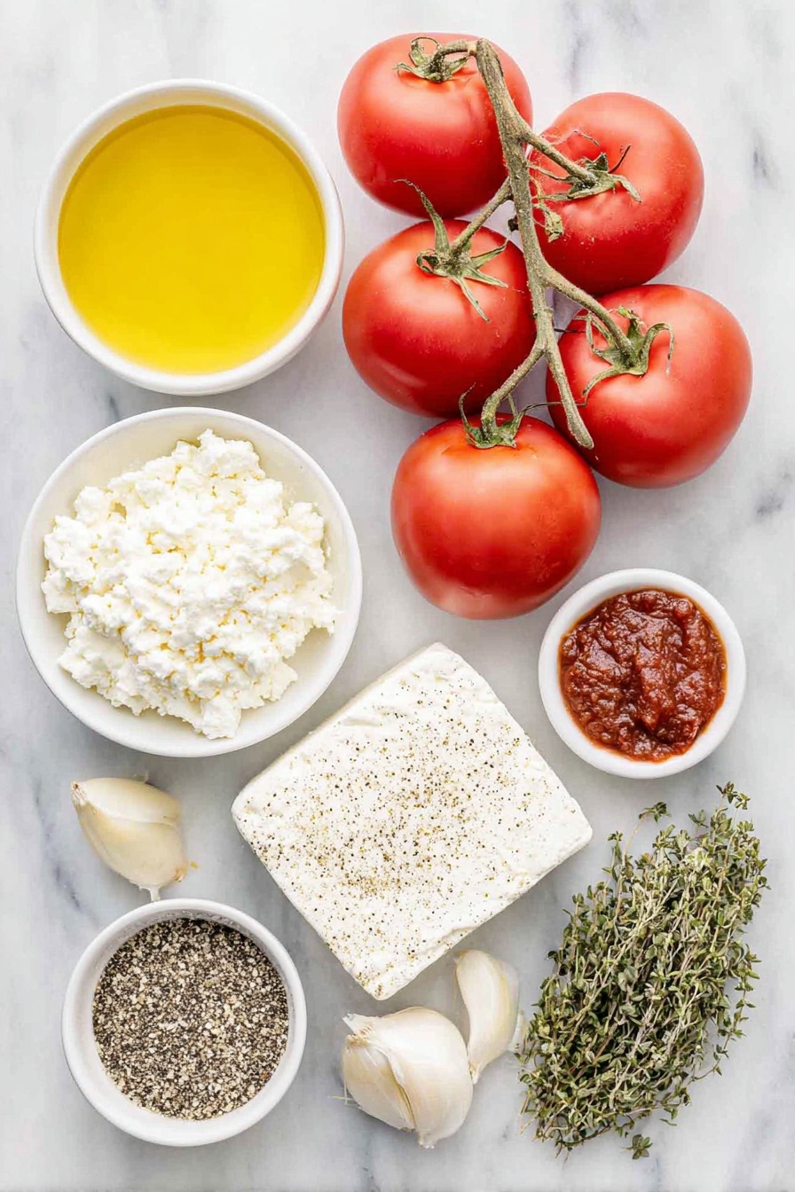 Flat lay of a small white bowl of golden olive oil, a small white bowl of rich tomato paste, a small white bowl of smooth heavy cream, two whole uncracked garlic cloves, a small pile of chopped white onion, a cluster of ten ripe red tomatoes with stems, a small white bowl of crumbled white feta cheese, a small white bowl of dried green oregano, a small white bowl of dried green basil, a small white bowl of coarse salt, a small white bowl of black peppercorns, and a single small sprig of fresh green pesto placed symmetrically on a clean white marble surface, soft natural light, photo taken with an iPhone, professional food photography style, fresh ingredients, white ceramic bowls, no bottles, no duplicates, no utensils, no packaging --ar 2:3 --v 7 --p m7354615311229779997 - Creamy Tomato Feta Soup, creamy tomato soup with feta, easy feta tomato soup recipe, healthy creamy tomato soup, quick feta tomato soup