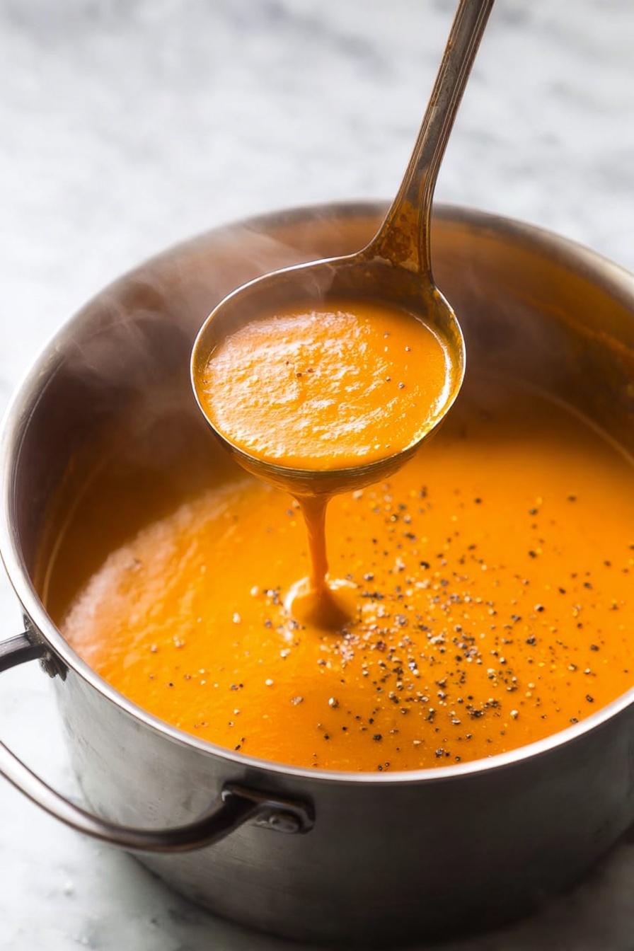 A steaming pot of smooth orange soup with a thick texture, speckled lightly with black pepper. A silver ladle is lifting a round portion of the soup from the pot, showing its creamy and rich surface. The pot is shiny metal and resting on a white marbled surface. The steam rises softly above the soup, giving a warm and fresh feeling. photo taken with an iphone --ar 2:3 --v 7 - Creamy Tomato Feta Soup, creamy tomato soup with feta, easy feta tomato soup recipe, healthy creamy tomato soup, quick feta tomato soup